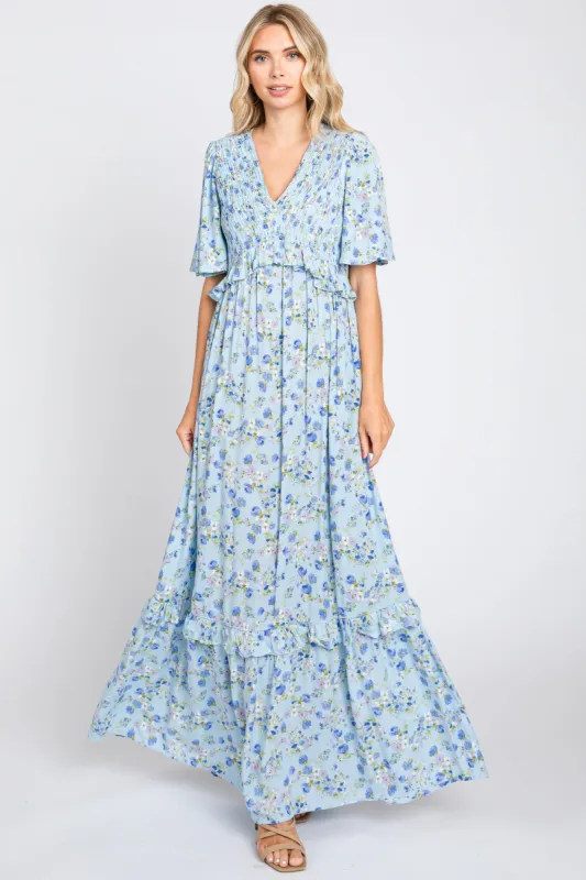 Light Blue Smocked V-Neck Flutter Short Sleeve Maxi Dress sold by Pinkblush