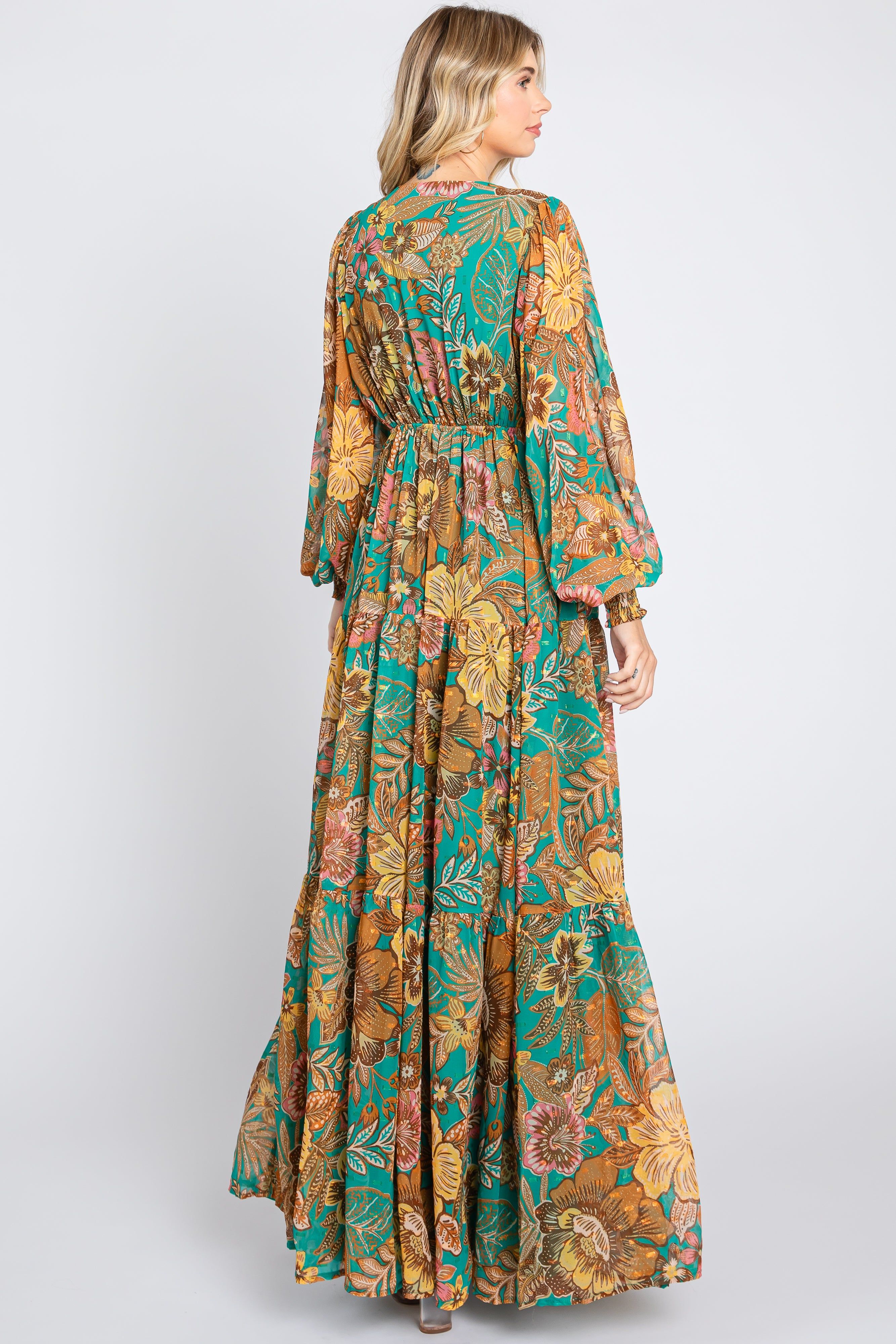 Emerald Floral Deep V-Neck Long Sleeve Maxi Dress sold by Pinkblush product image thumbnail 3