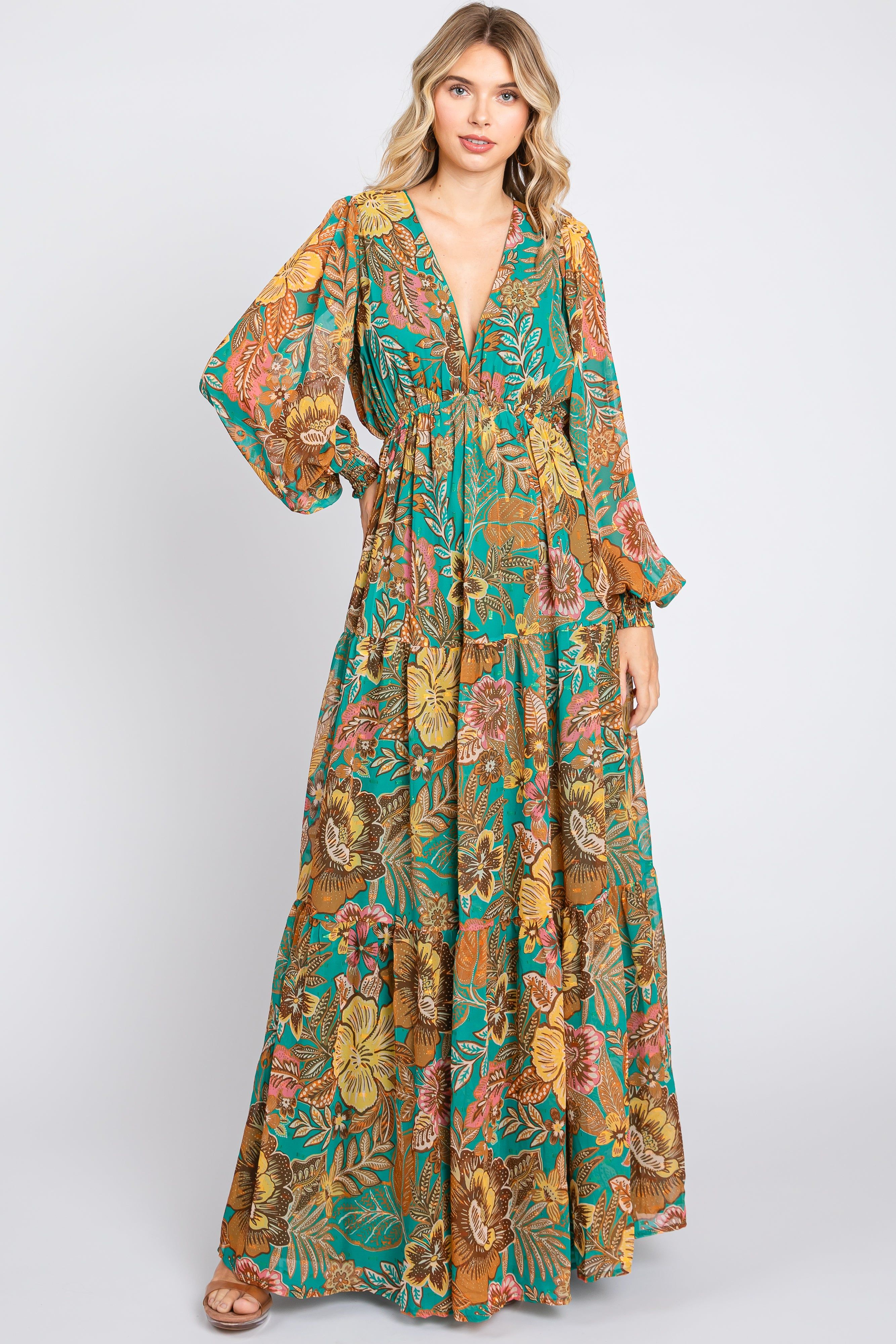 Emerald Floral Deep V-Neck Long Sleeve Maxi Dress sold by Pinkblush