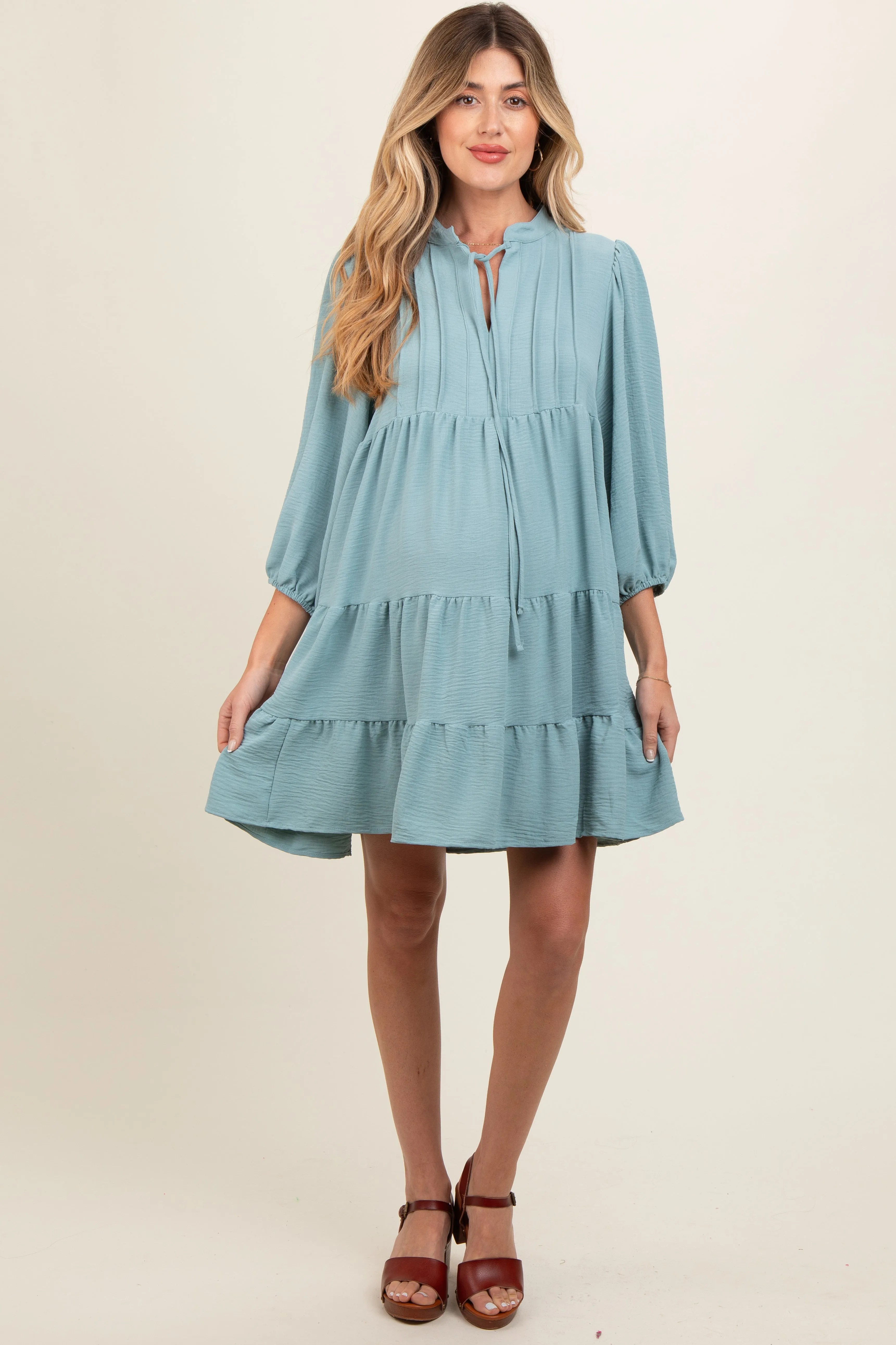 Blue Pleated Front Tie Tiered Maternity Dress sold by Pinkblush product image thumbnail 3