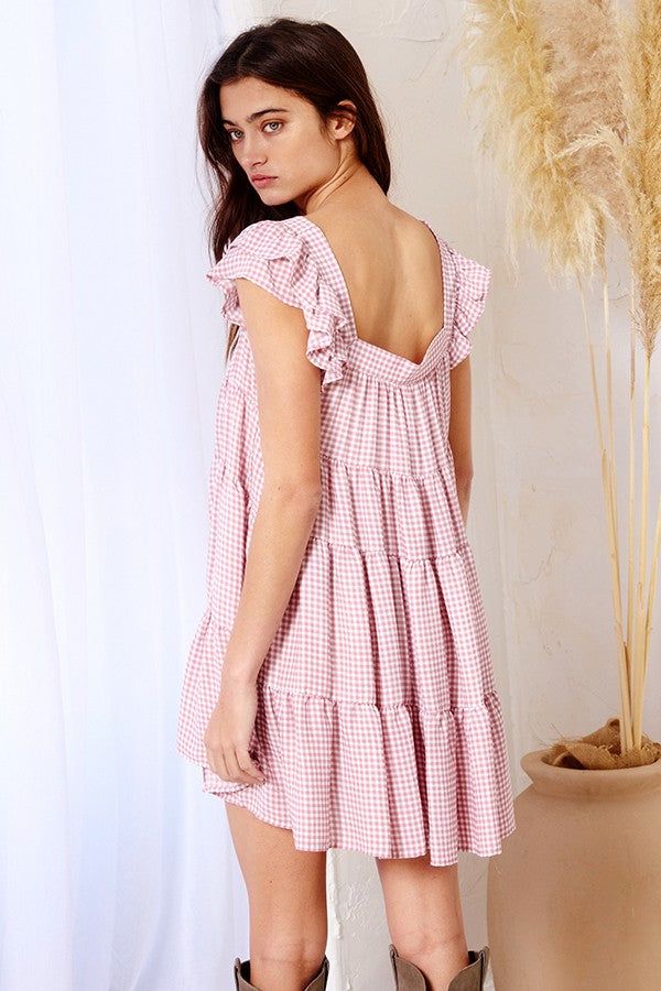 Mauve Gingham Print Tiered Babydoll Mini Dress sold by Pinkblush product image thumbnail 2