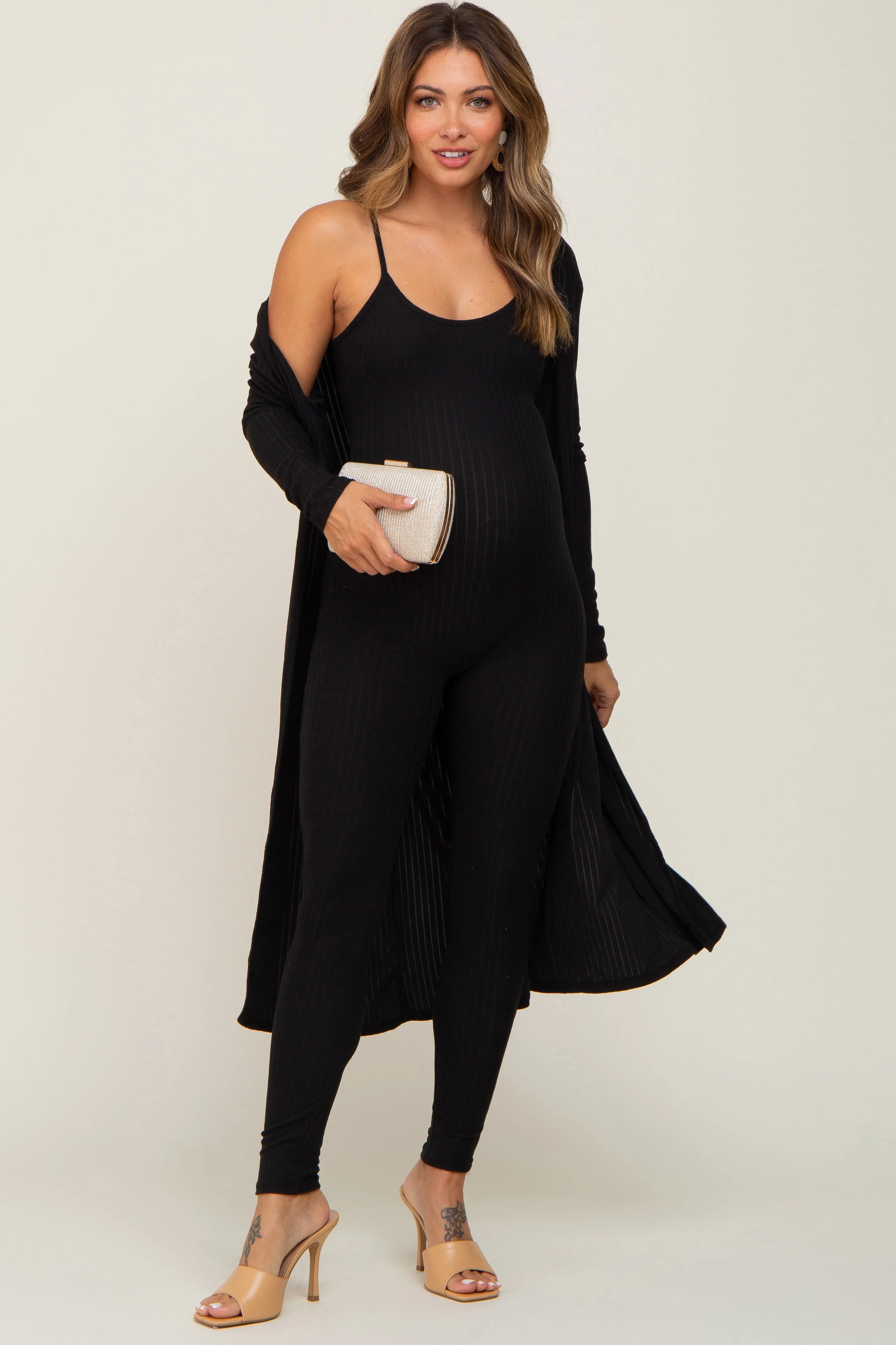 Black Ribbed Maternity Jumpsuit Two Piece Set sold by Pinkblush