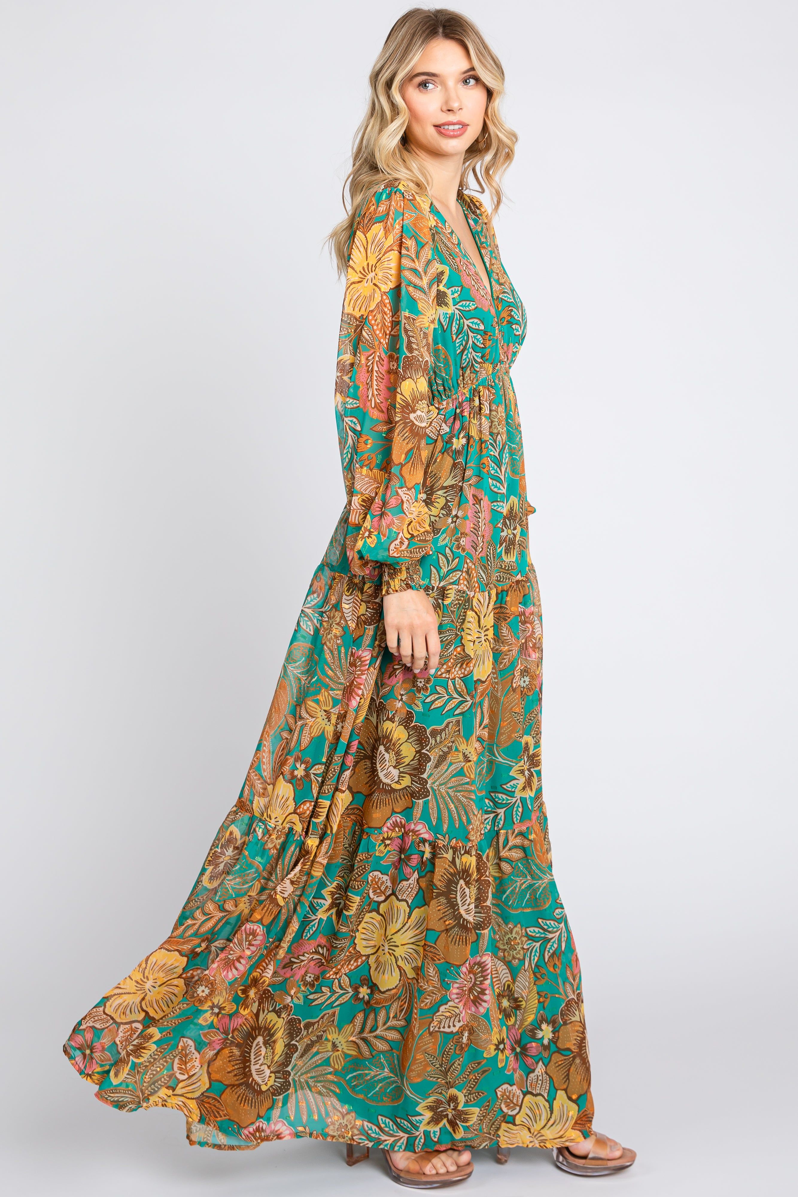 Emerald Floral Deep V-Neck Long Sleeve Maxi Dress sold by Pinkblush product image thumbnail 2