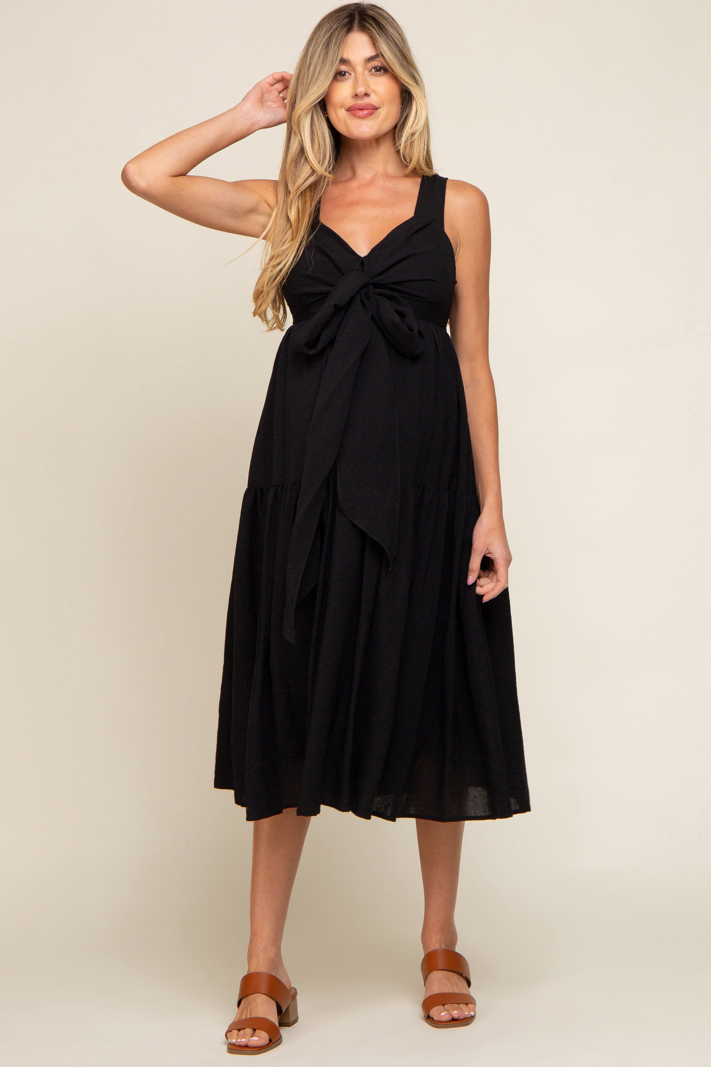 Black Wrap Front Accent Maternity Midi Dress sold by Pinkblush