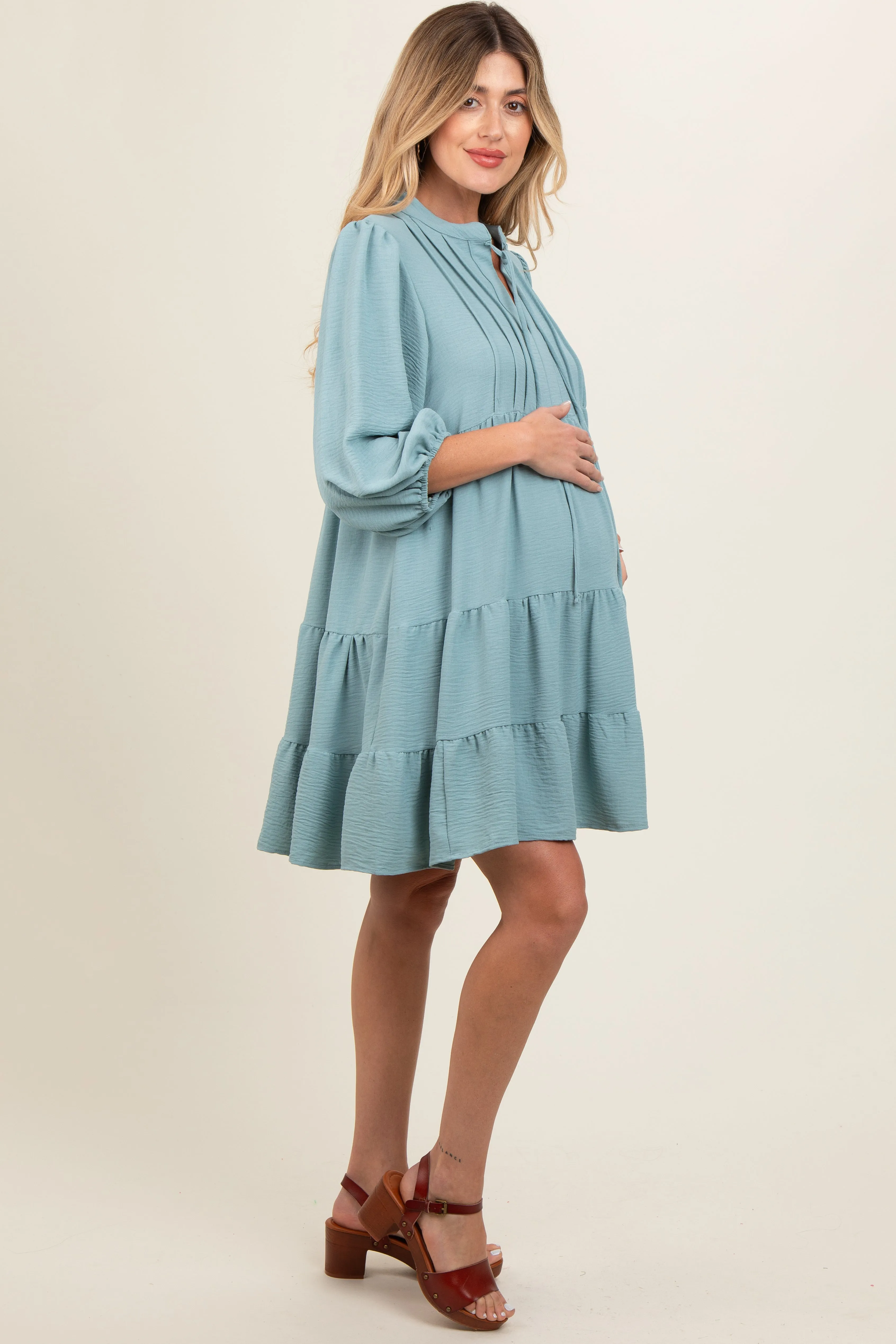 Blue Pleated Front Tie Tiered Maternity Dress sold by Pinkblush product image thumbnail 4