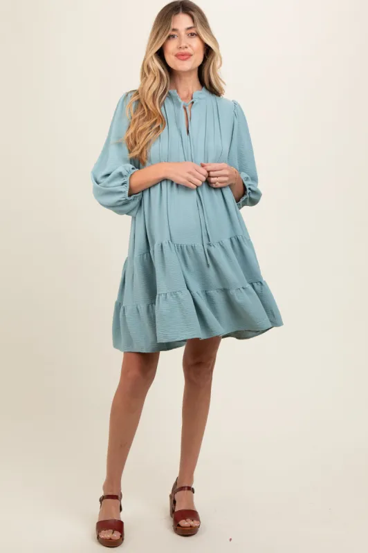 Blue Pleated Front Tie Tiered Maternity Dress sold by Pinkblush