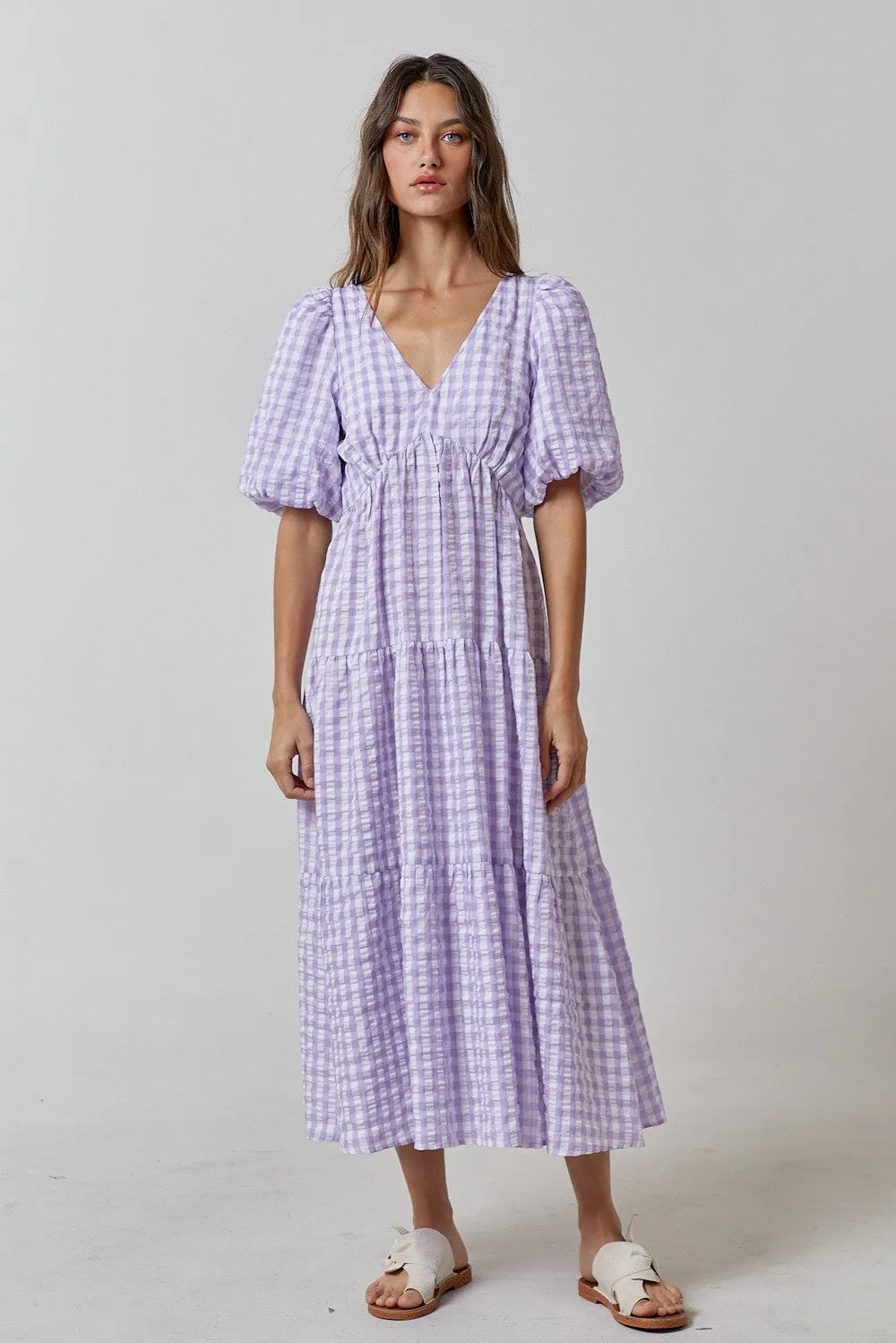 Lavender Gingham Puff Sleeve Tiered Midi Dress sold by Pinkblush