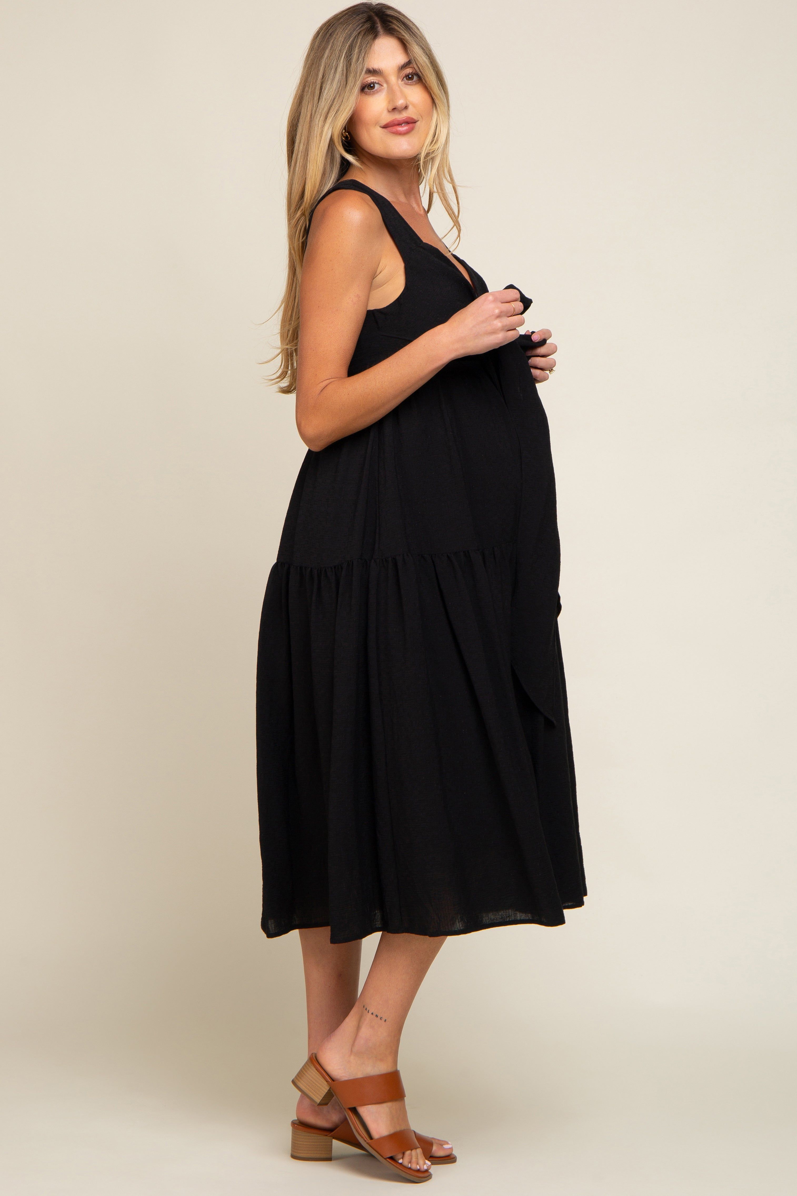 Black Wrap Front Accent Maternity Midi Dress sold by Pinkblush product image thumbnail 2