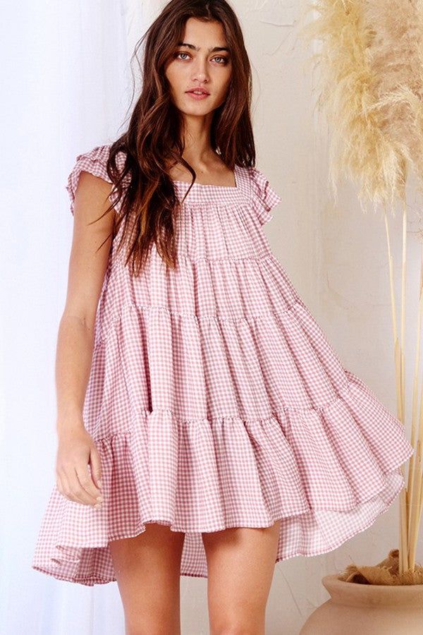 Mauve Gingham Print Tiered Babydoll Mini Dress sold by Pinkblush