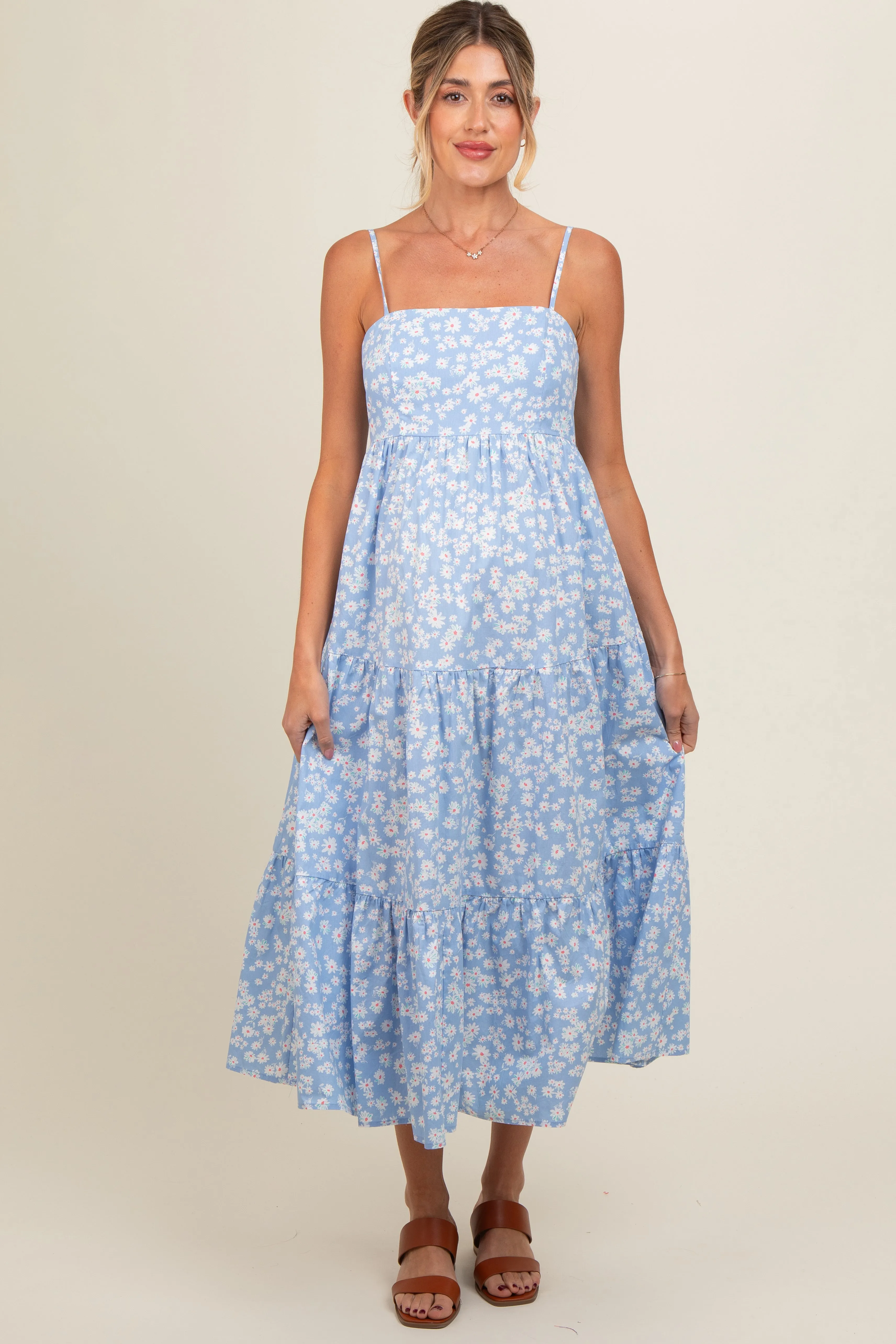 Light Blue Floral Cutout Tie Back Maternity Midi Dress sold by Pinkblush product image thumbnail 3