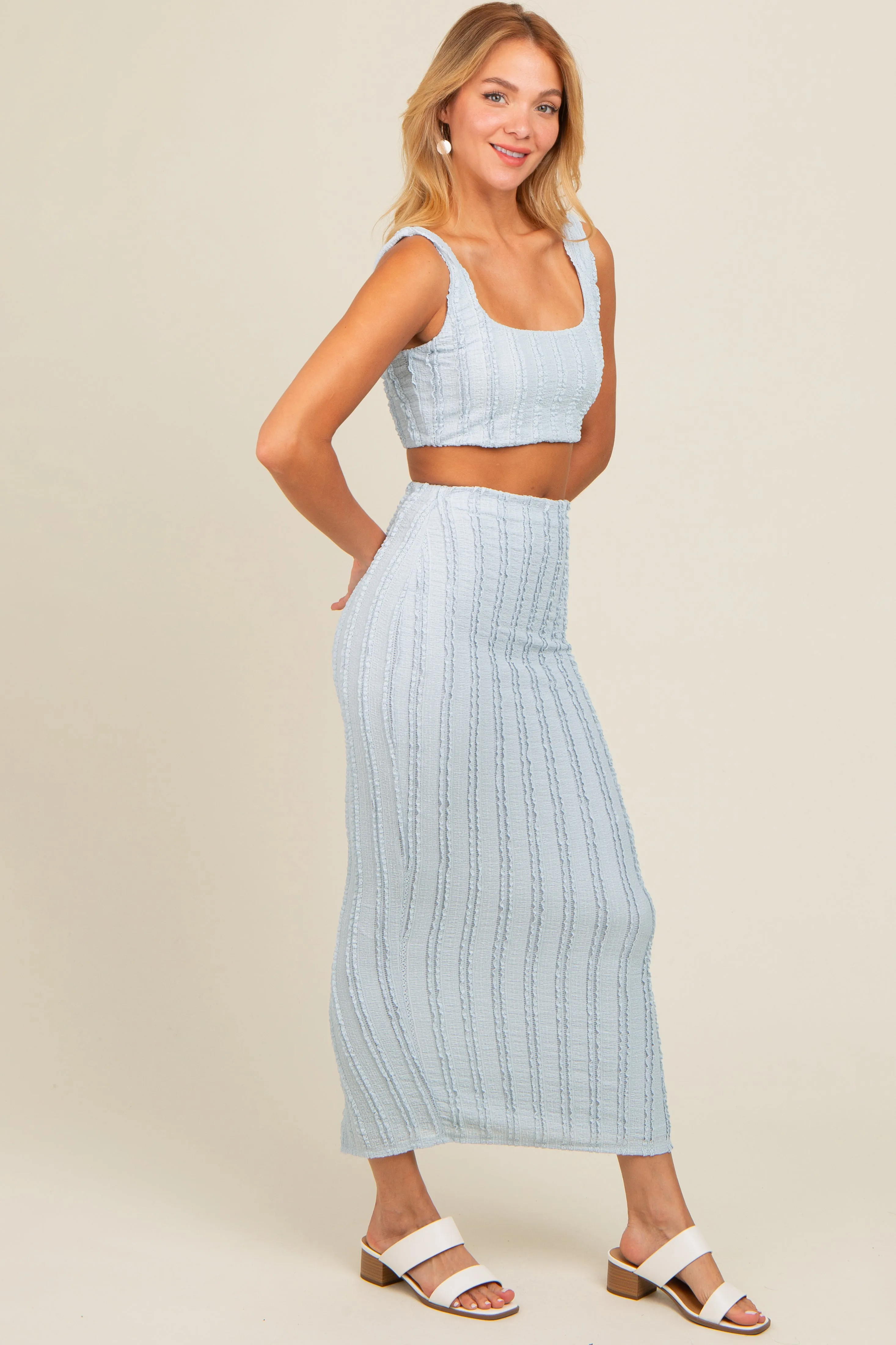 Light Blue Crop Top Side Ruched Long Pencil Skirt Set sold by Pinkblush product image thumbnail 3