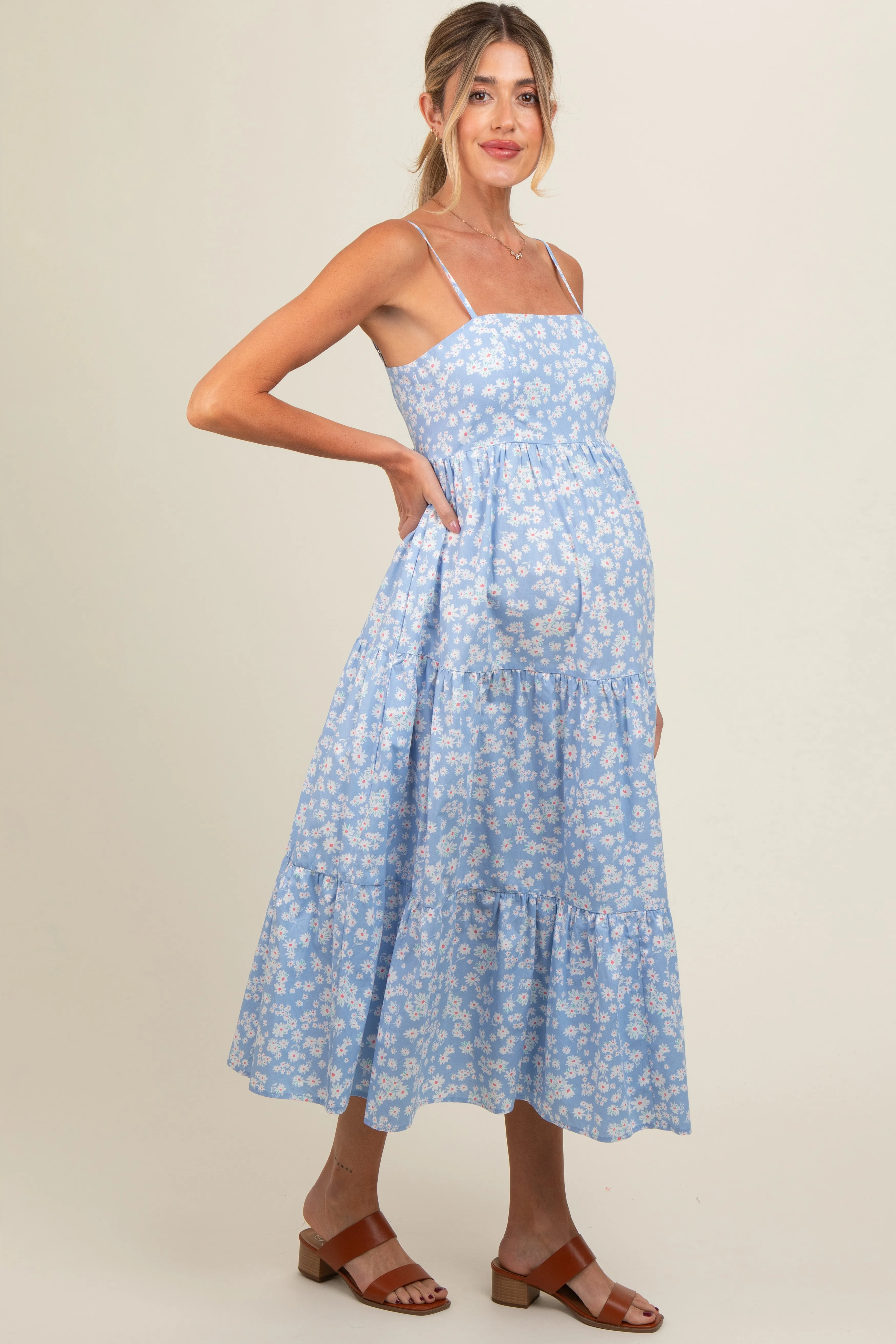 Light Blue Floral Cutout Tie Back Maternity Midi Dress sold by Pinkblush product image thumbnail 4