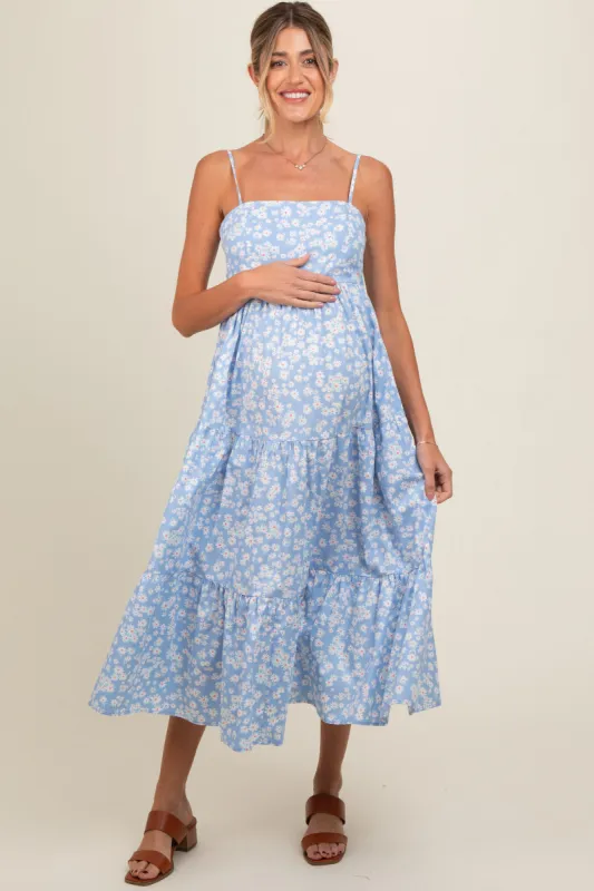 Light Blue Floral Cutout Tie Back Maternity Midi Dress sold by Pinkblush