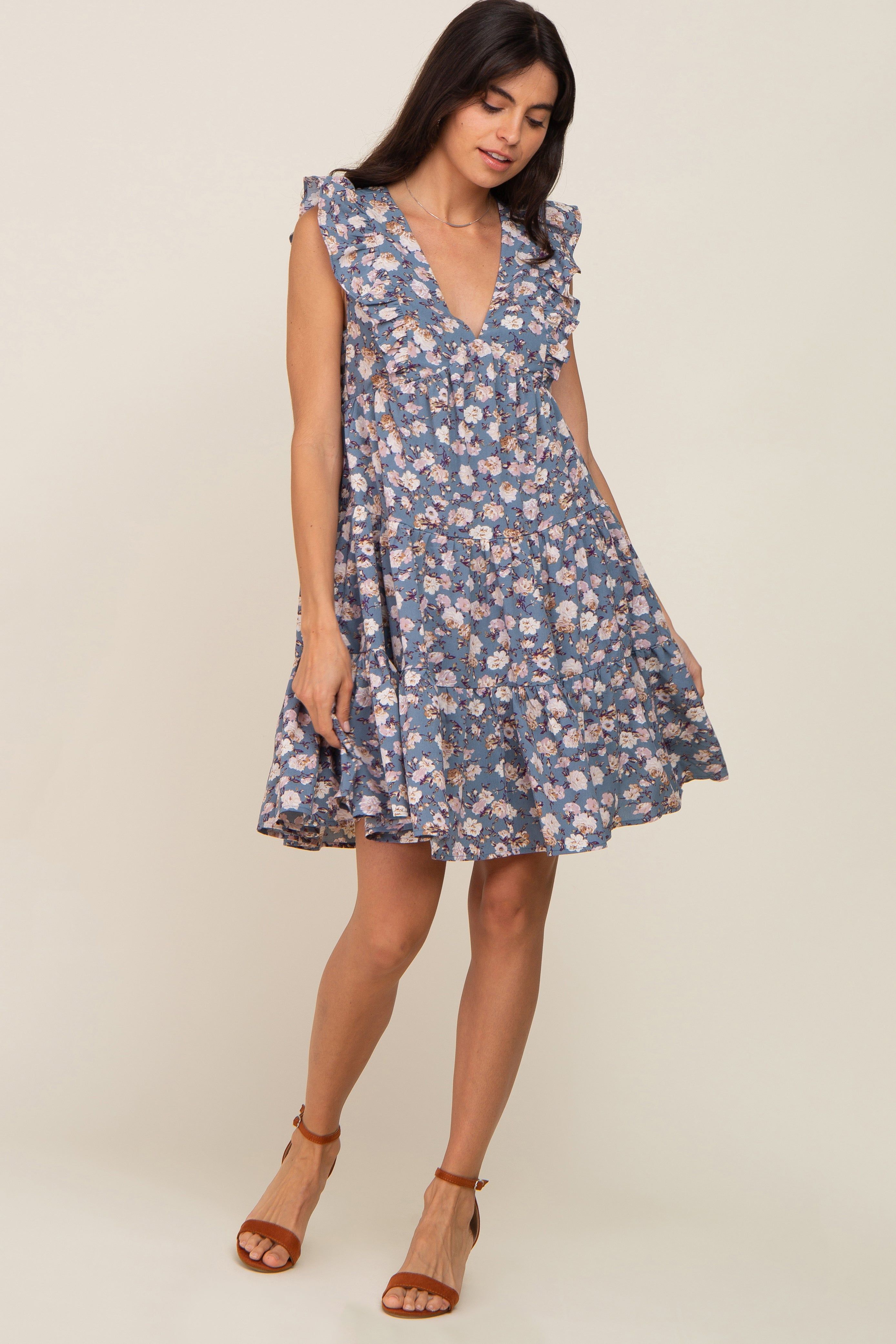 Blue Floral Ruffle Accent Tiered Dress sold by Pinkblush product image thumbnail 4