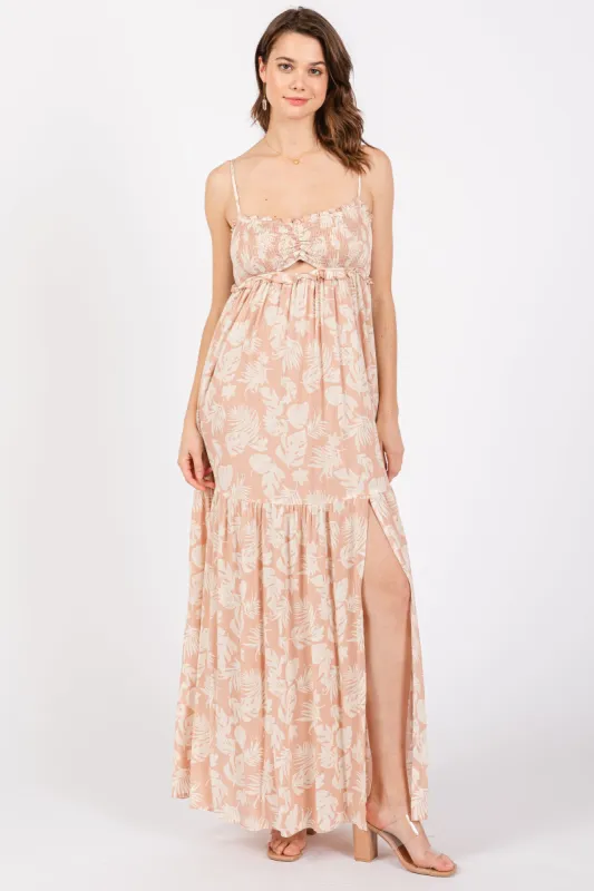 Light Pink Floral Sweetheart Smocked Front Cutout Maxi Dress sold by Pinkblush