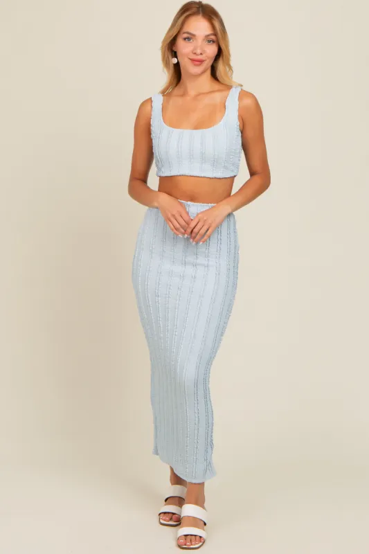 Light Blue Crop Top Side Ruched Long Pencil Skirt Set sold by Pinkblush