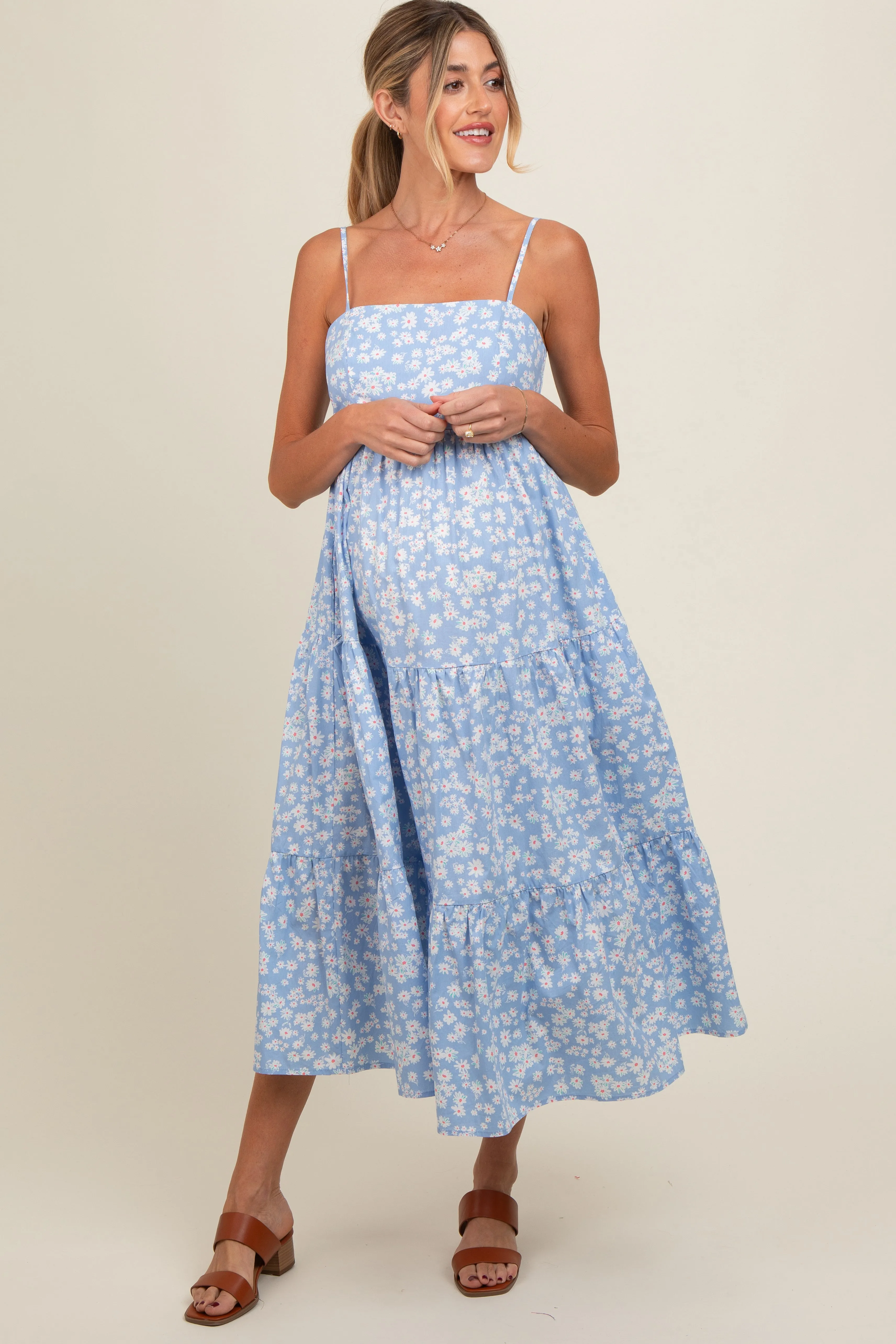 Light Blue Floral Cutout Tie Back Maternity Midi Dress sold by Pinkblush product image thumbnail 2