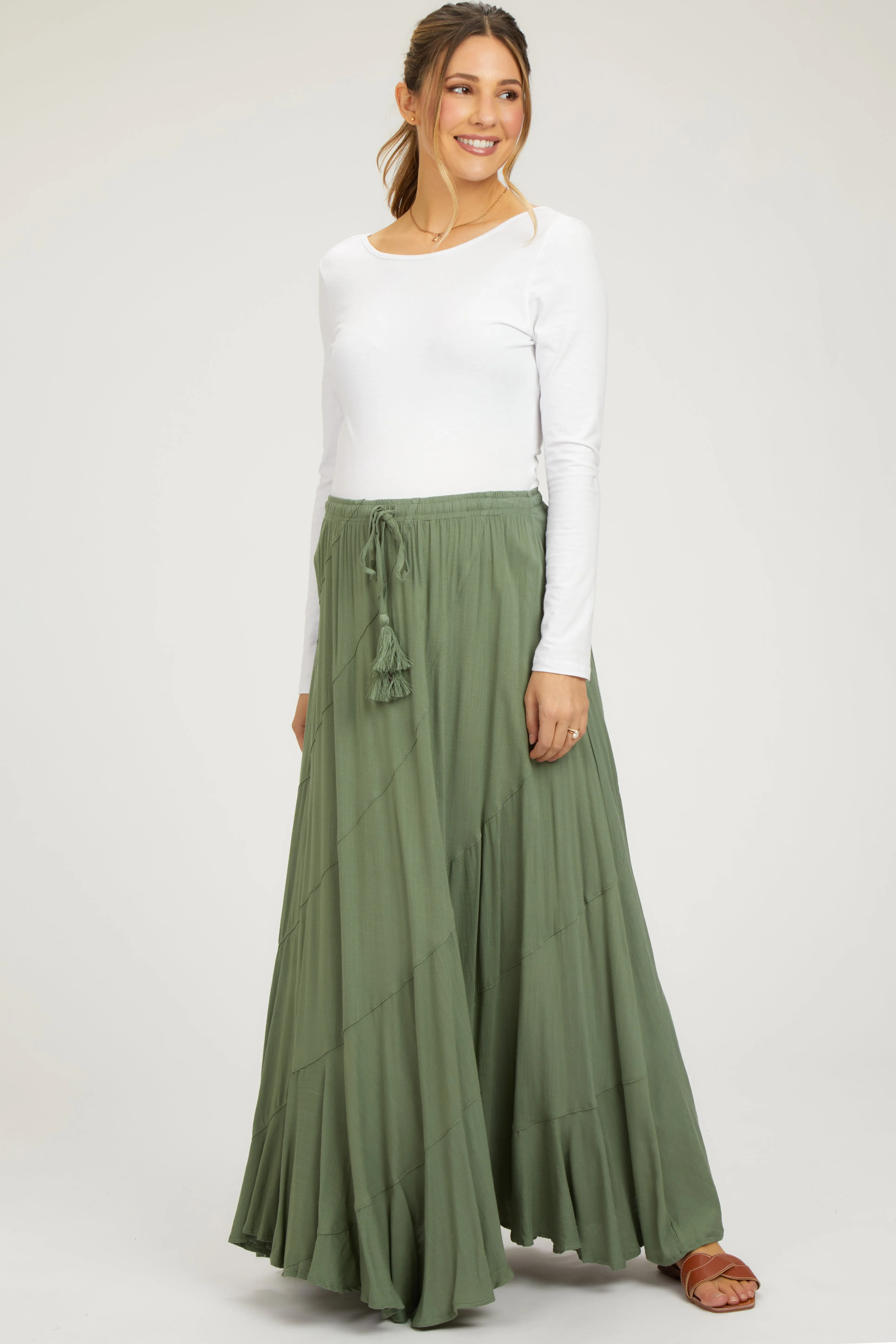 Olive Tassel String Maternity Maxi Skirt sold by Pinkblush