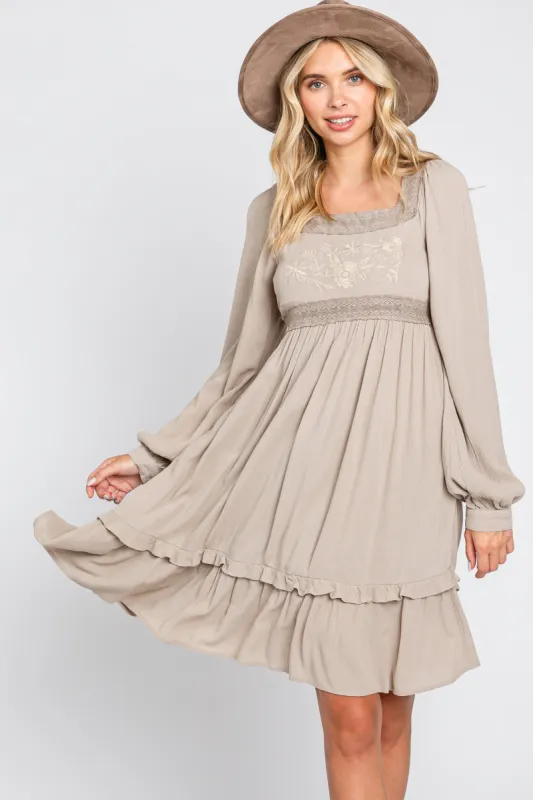 Taupe Lace Embroidered Square Neck Dress sold by Pinkblush