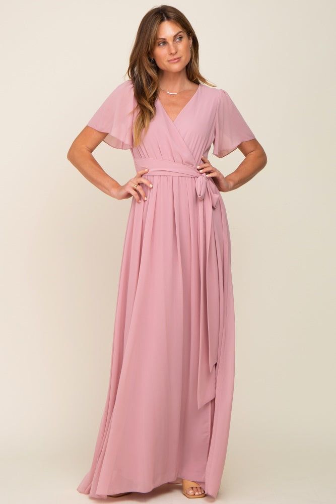 Pink Chiffon Short Sleeve Wrap V-Neck Front Slit Maxi Dress sold by Pinkblush product image thumbnail 4