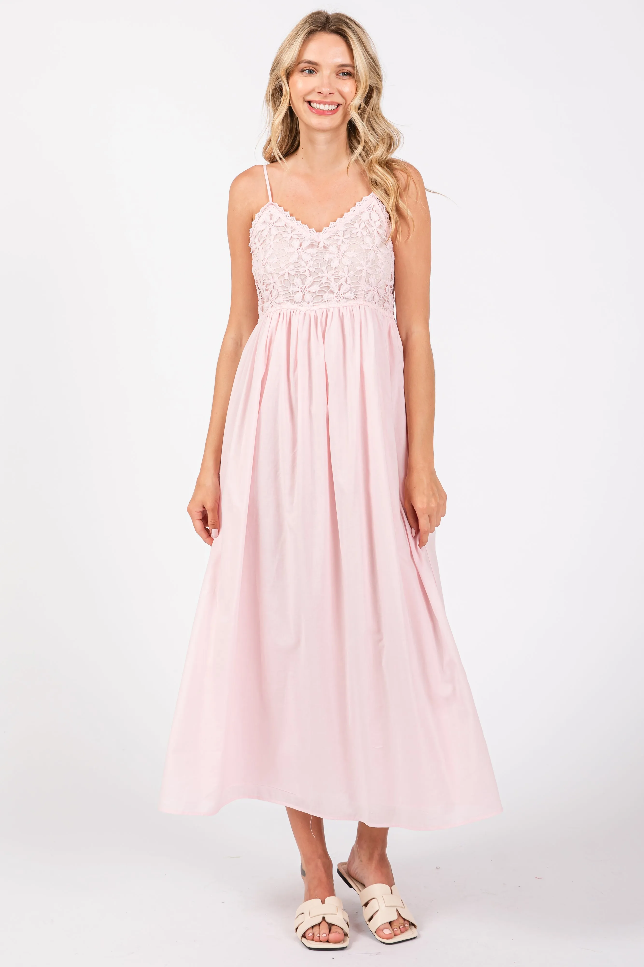 Light Pink Floral Crochet Contrast Midi Dress sold by Pinkblush