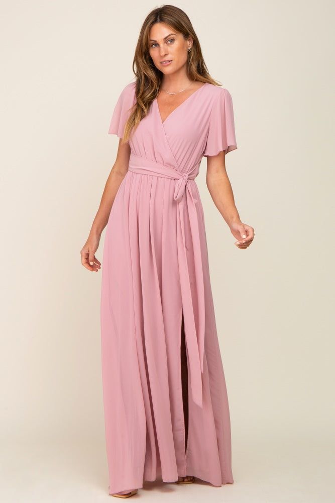 Pink Chiffon Short Sleeve Wrap V-Neck Front Slit Maxi Dress sold by Pinkblush product image thumbnail 5