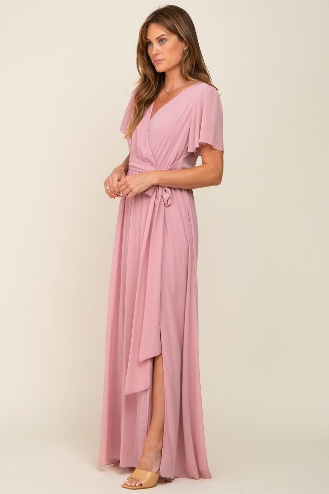 Pink Chiffon Short Sleeve Wrap V-Neck Front Slit Maxi Dress sold by Pinkblush product image thumbnail 2