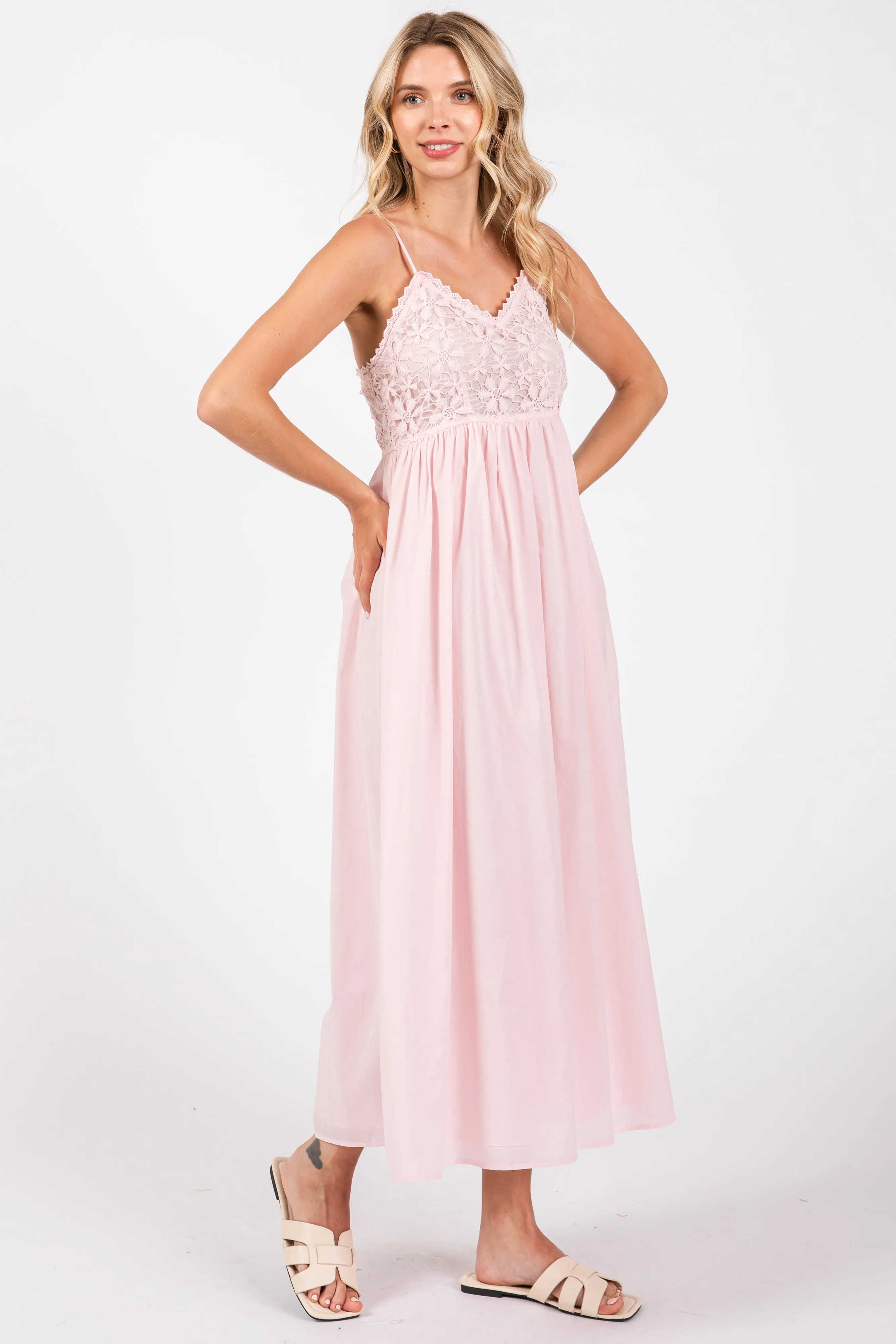 Light Pink Floral Crochet Contrast Midi Dress sold by Pinkblush product image thumbnail 2