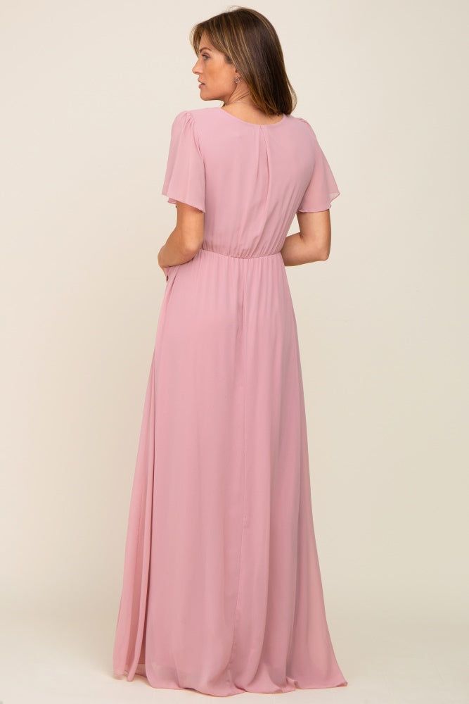 Pink Chiffon Short Sleeve Wrap V-Neck Front Slit Maxi Dress sold by Pinkblush product image thumbnail 3