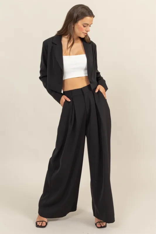 Black Cropped Blazer And Wide Leg Pants Set sold by Pinkblush