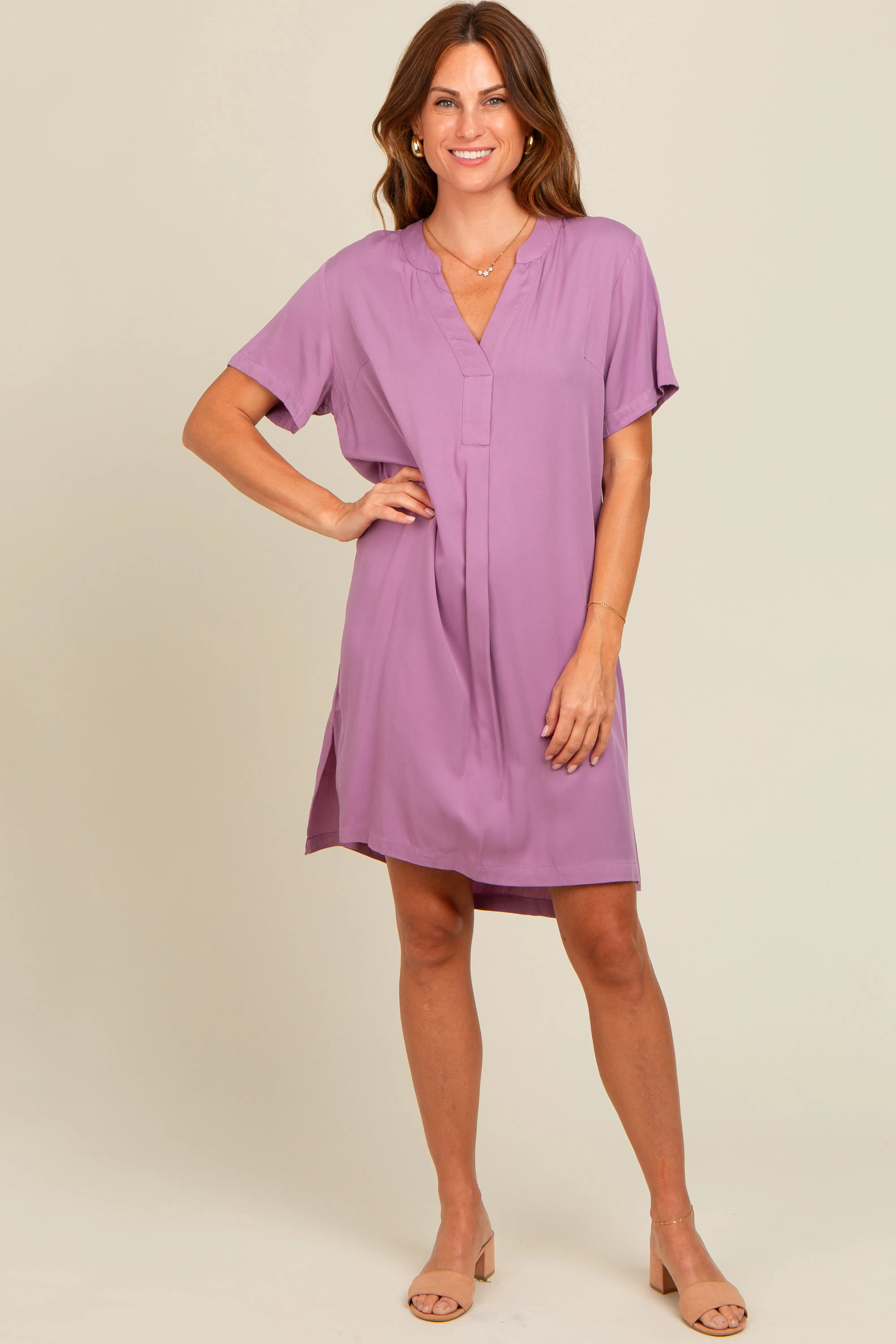 Lavender V-Neck Basic Shirt Dress sold by Pinkblush product image thumbnail 2