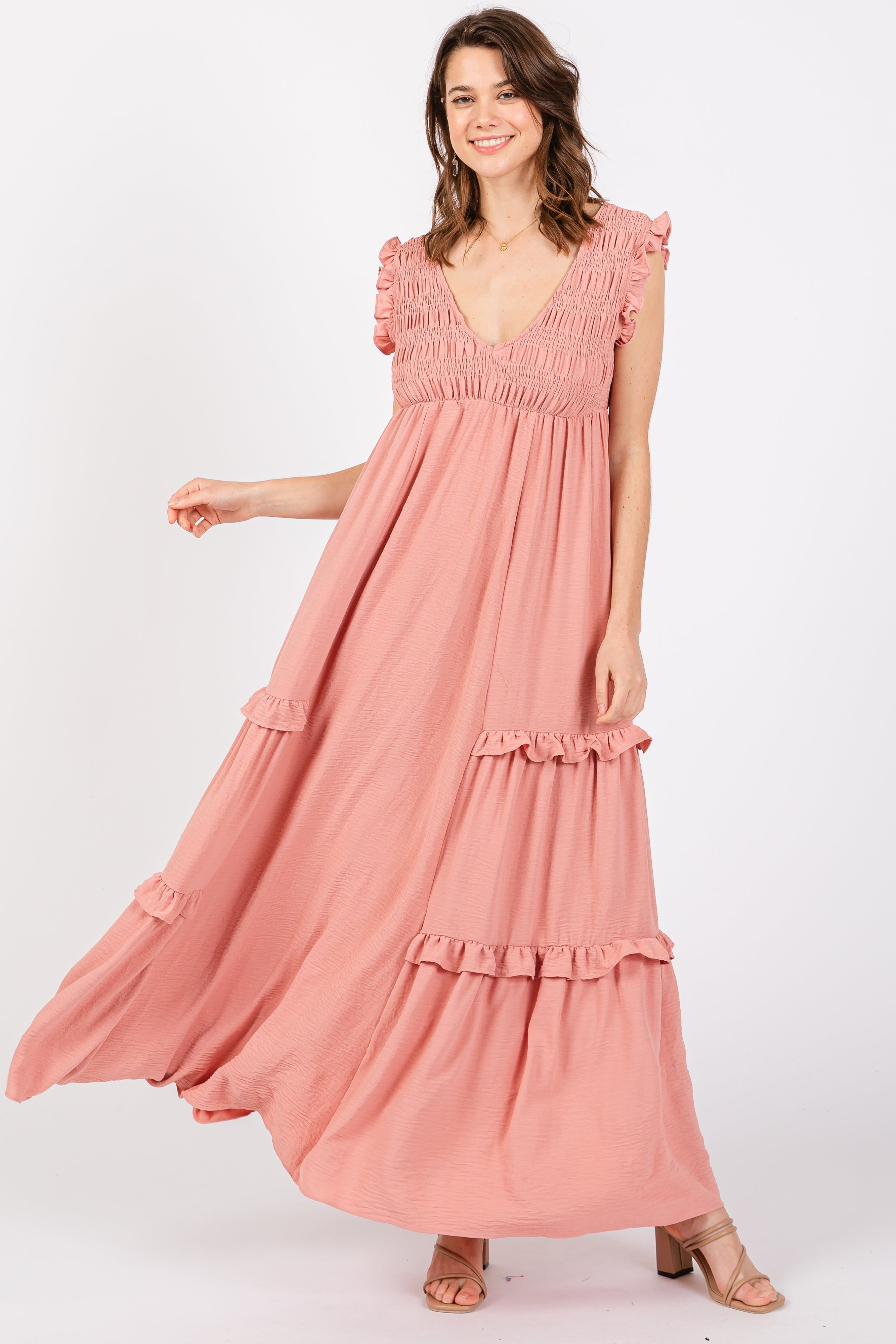 Mauve Smocked Ruffle V-Neck Maxi Dress sold by Pinkblush
