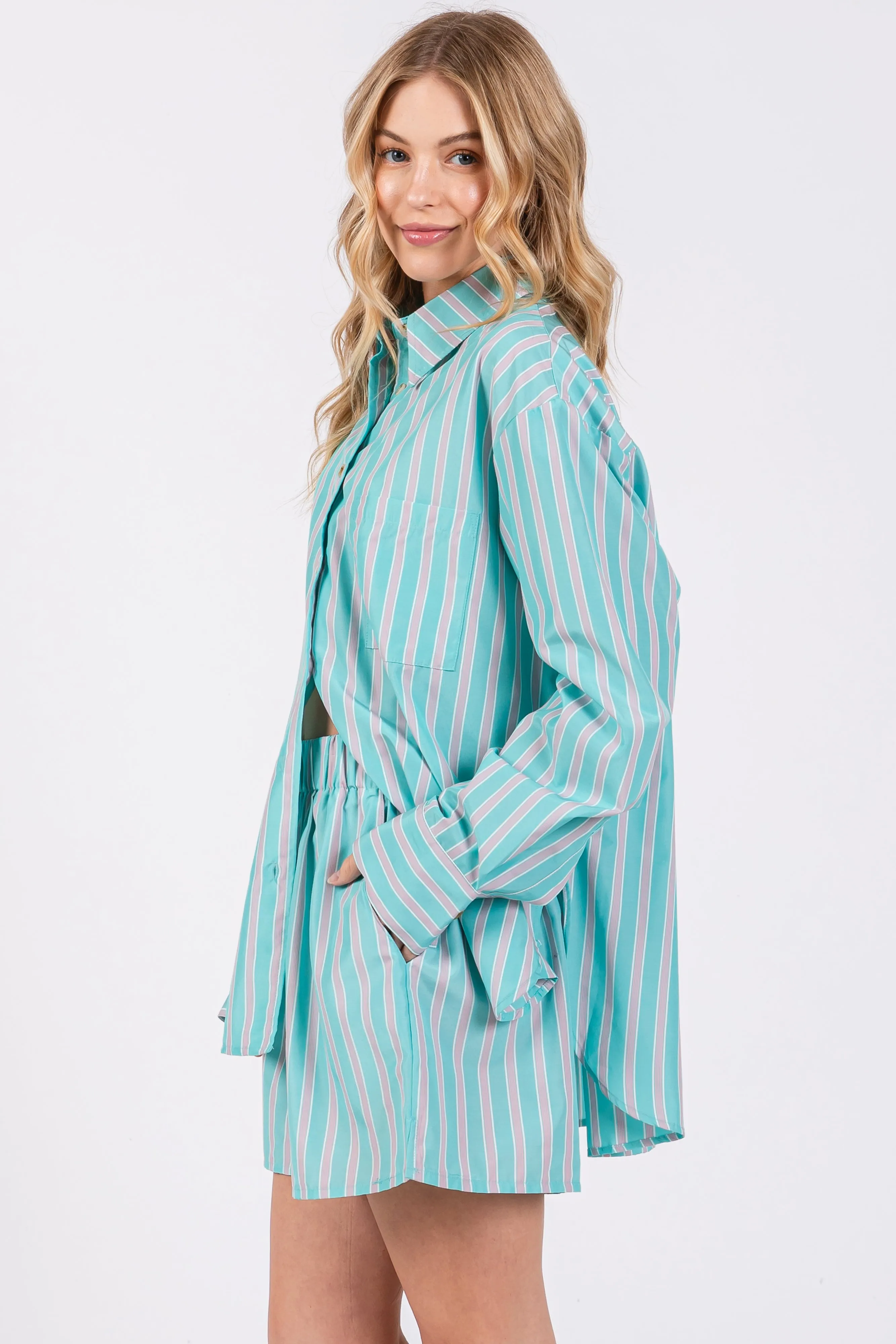 Aqua Striped Button Down Top and Short Set sold by Pinkblush product image thumbnail 2
