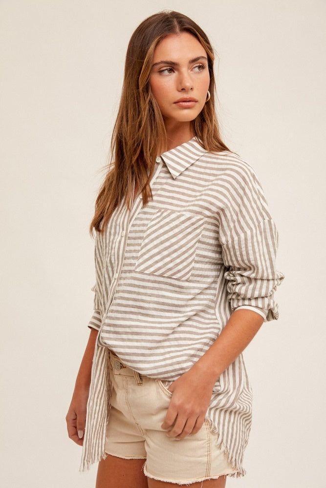 Grey Loose Fit Striped Button Down Shirt sold by Pinkblush product image thumbnail 2