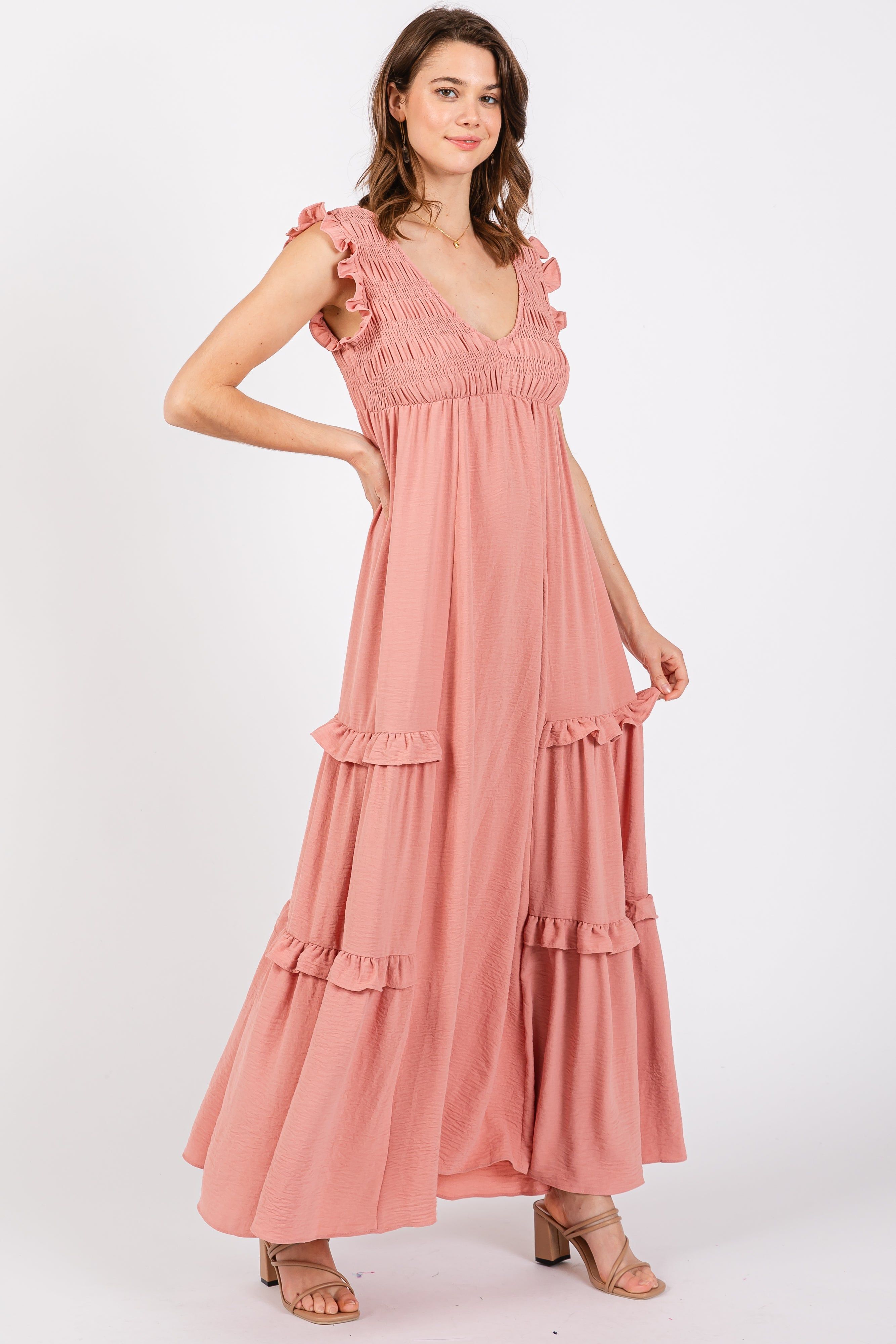 Mauve Smocked Ruffle V-Neck Maxi Dress sold by Pinkblush product image thumbnail 2