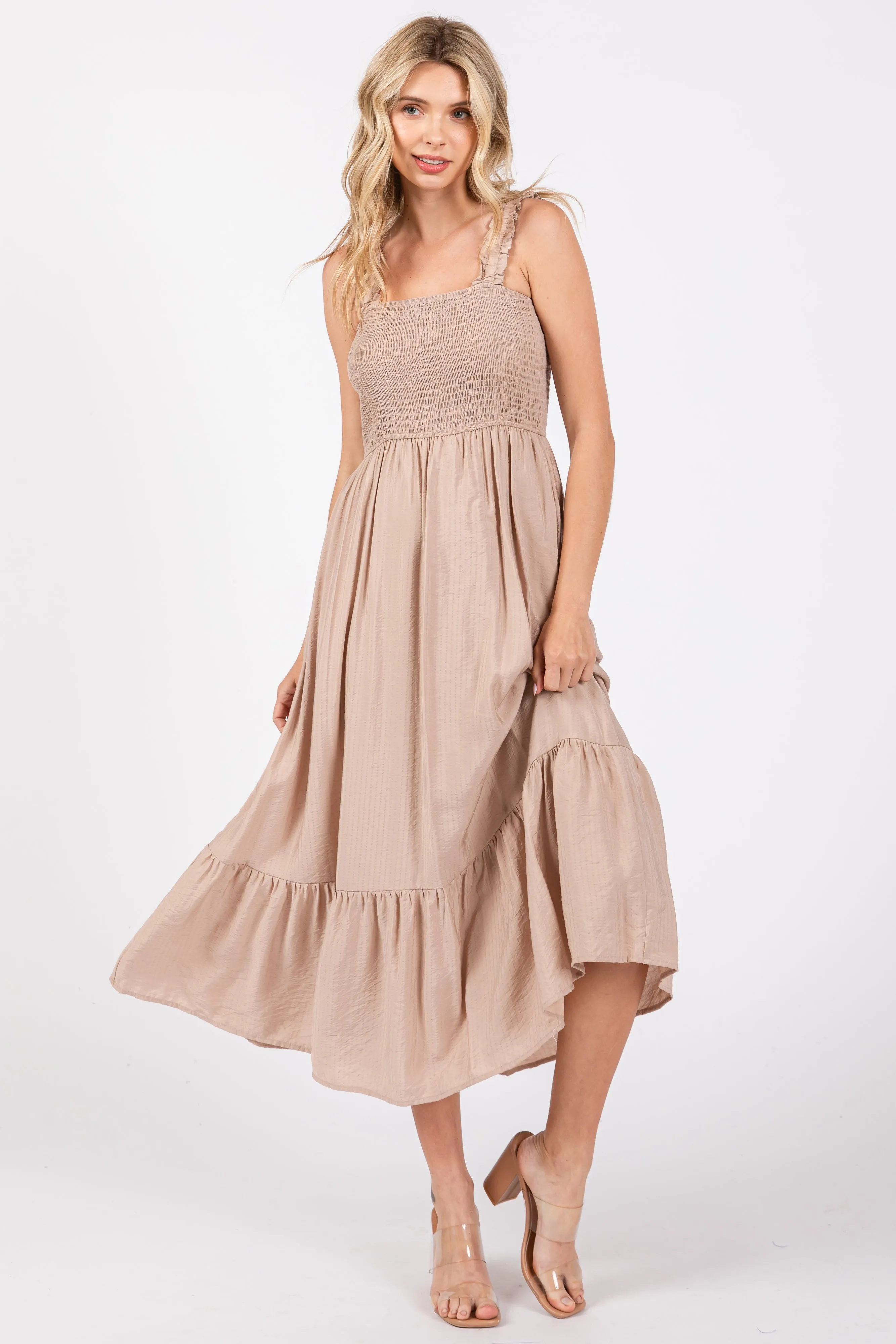 Taupe Smocked Bodice Maxi Dress sold by Pinkblush product image thumbnail 4
