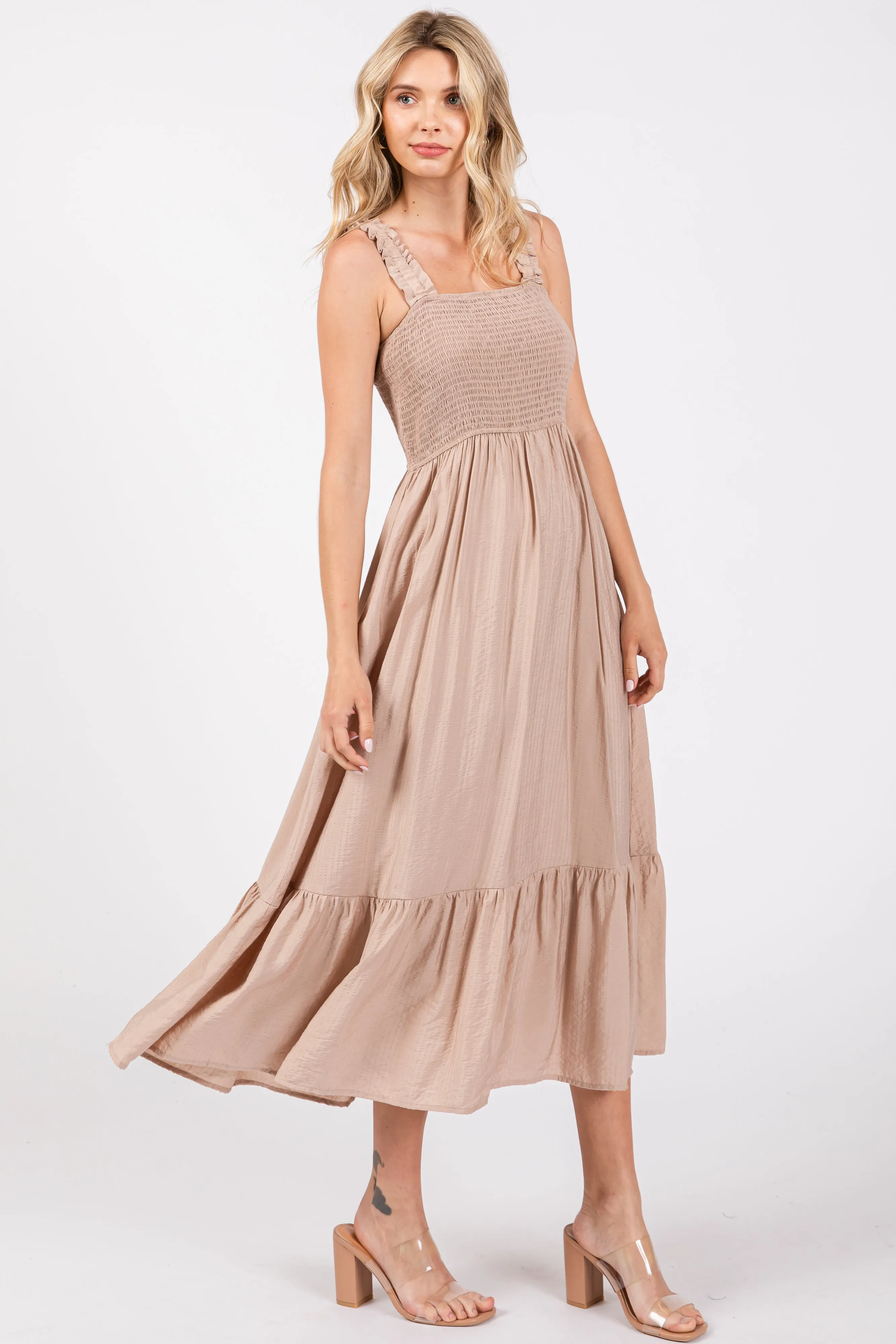 Taupe Smocked Bodice Maxi Dress sold by Pinkblush