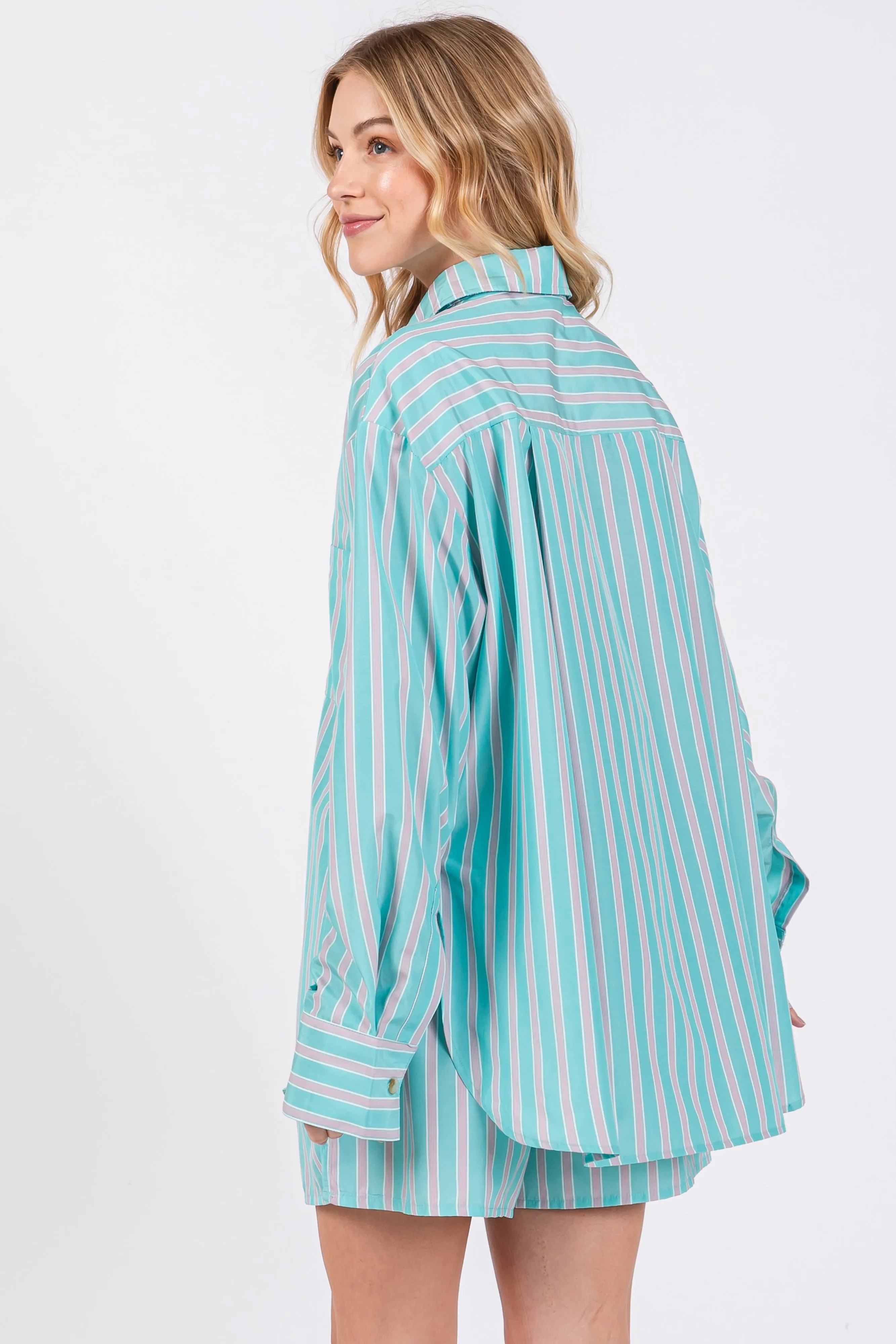 Aqua Striped Button Down Top and Short Set sold by Pinkblush product image thumbnail 3