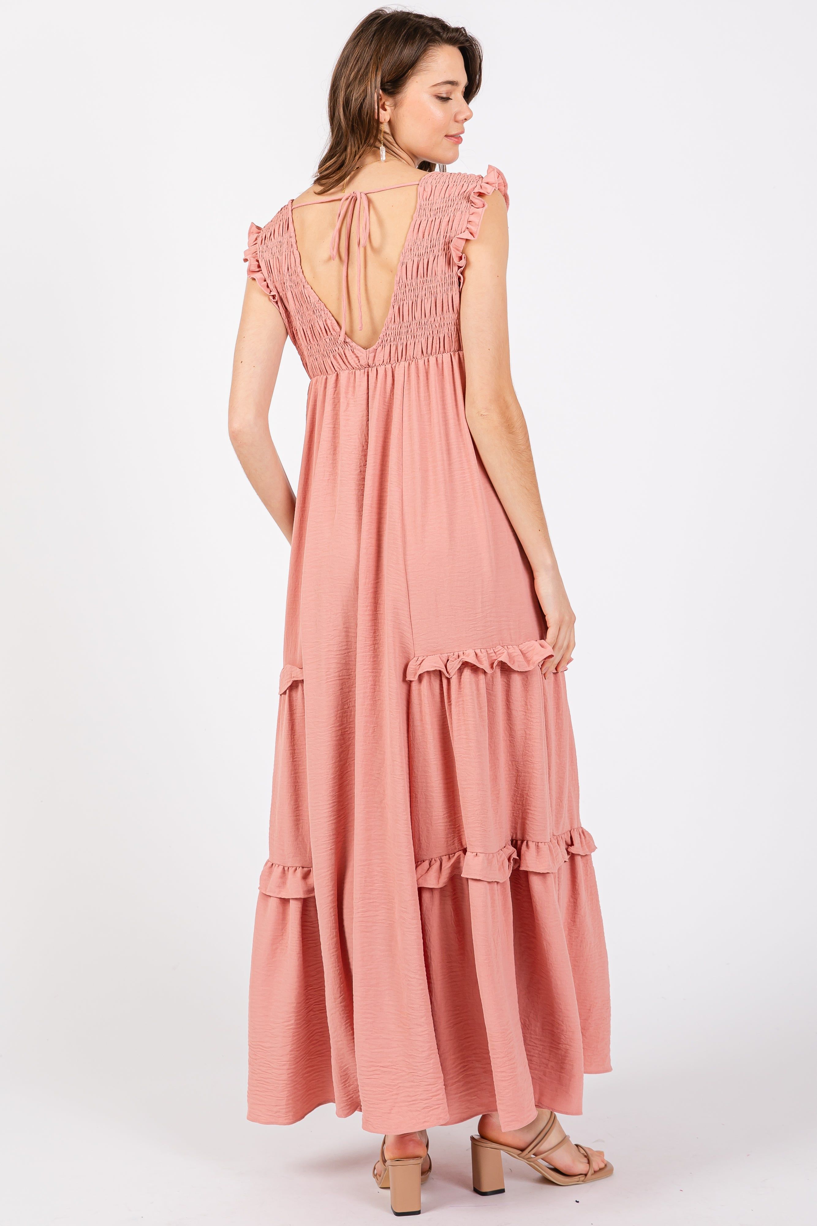 Mauve Smocked Ruffle V-Neck Maxi Dress sold by Pinkblush product image thumbnail 3