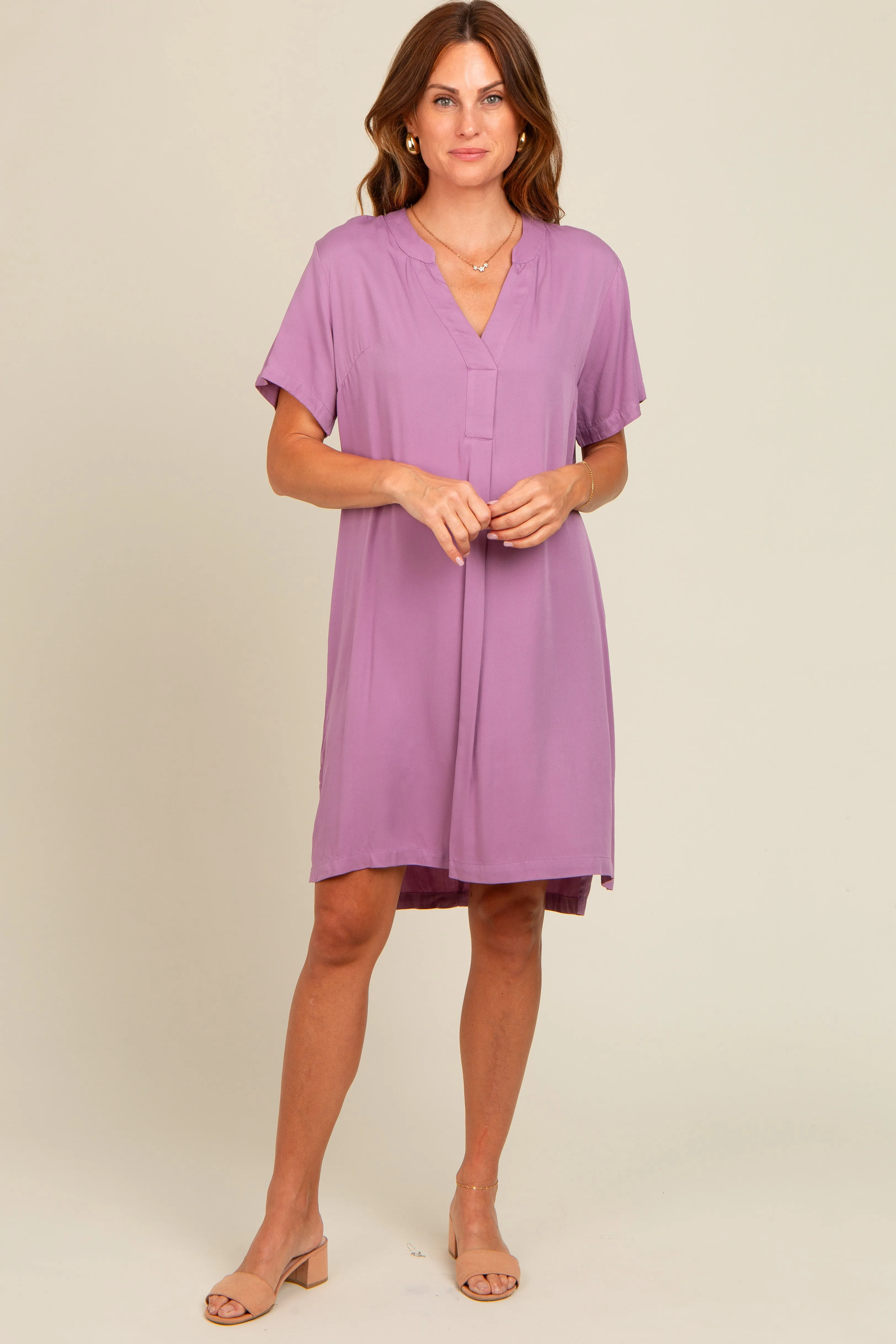 Lavender V-Neck Basic Shirt Dress sold by Pinkblush