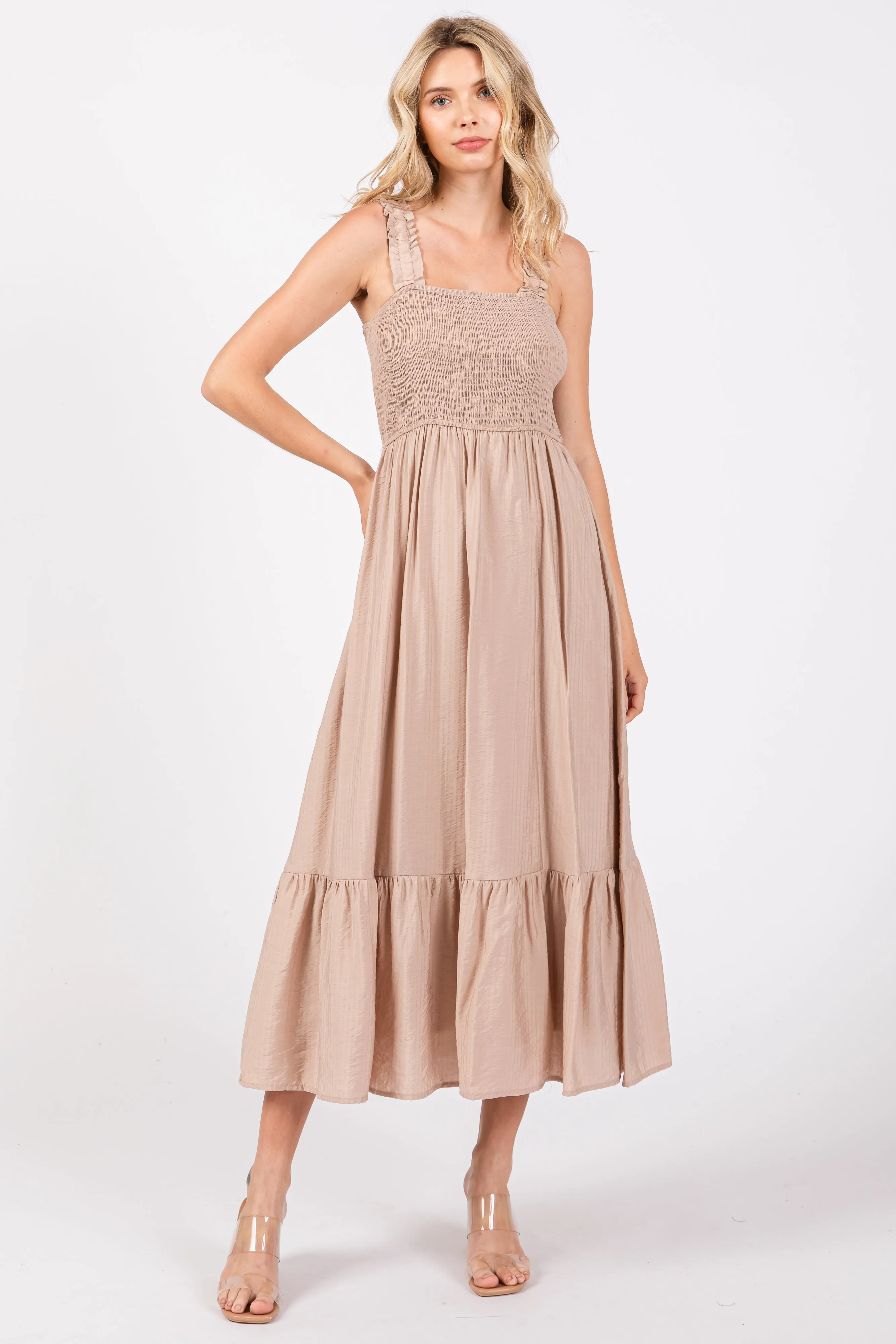Taupe Smocked Bodice Maxi Dress sold by Pinkblush product image thumbnail 2