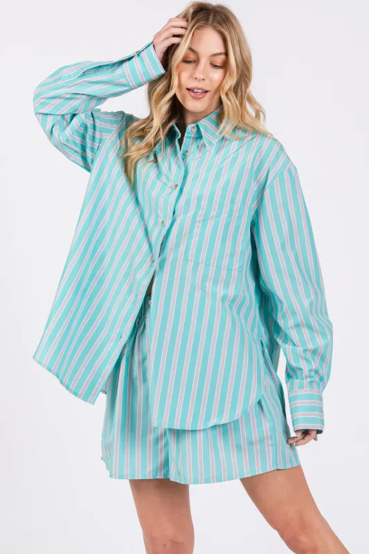 Aqua Striped Button Down Top and Short Set sold by Pinkblush