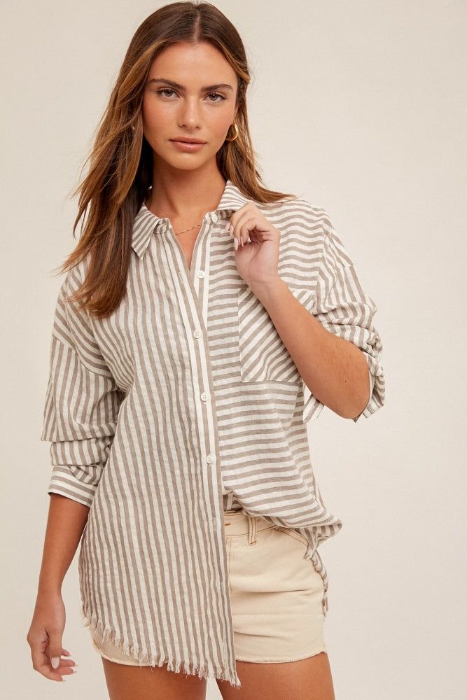 Grey Loose Fit Striped Button Down Shirt sold by Pinkblush