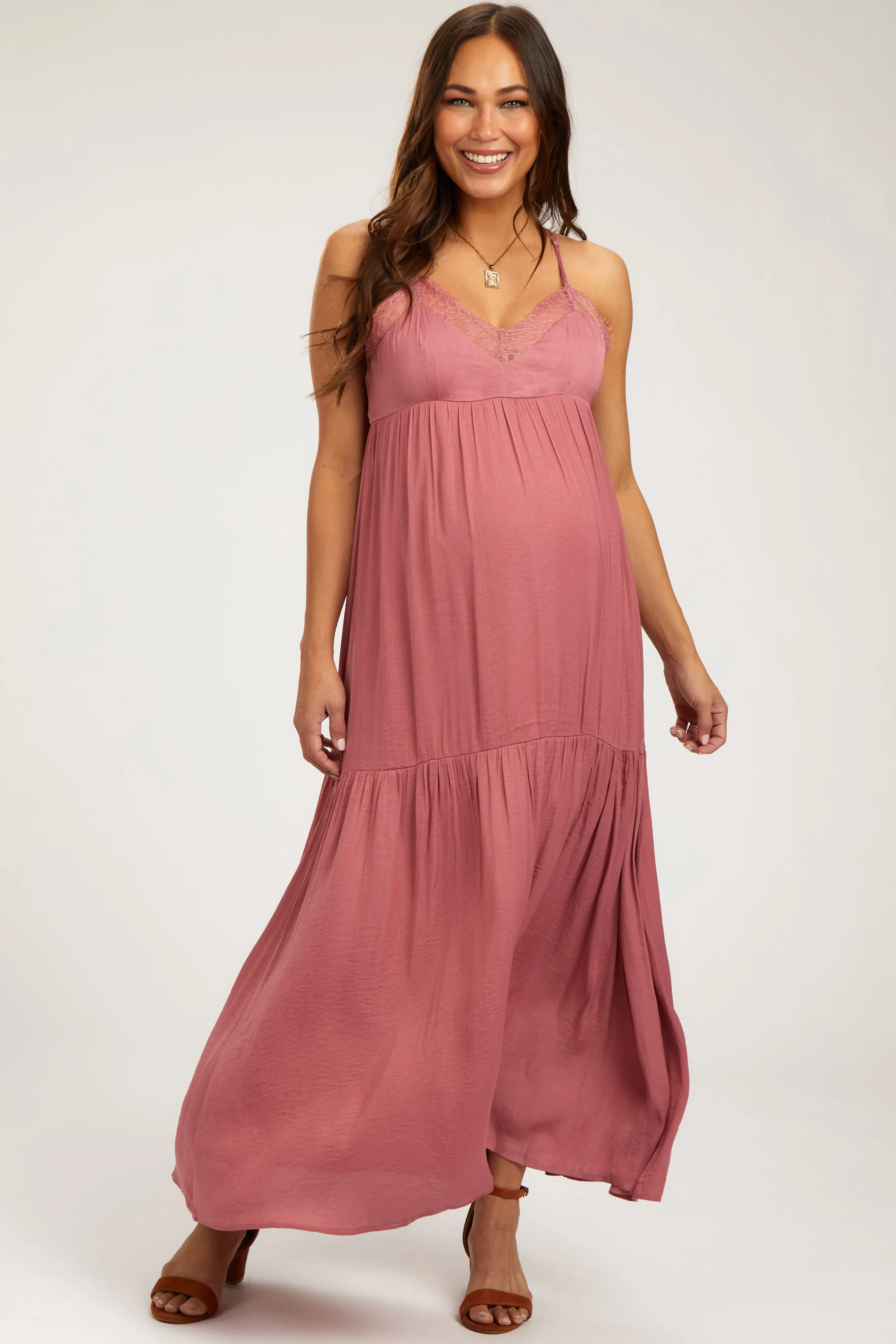 Mauve Sleeveless Lace Tiered Maternity Maxi Dress sold by Pinkblush