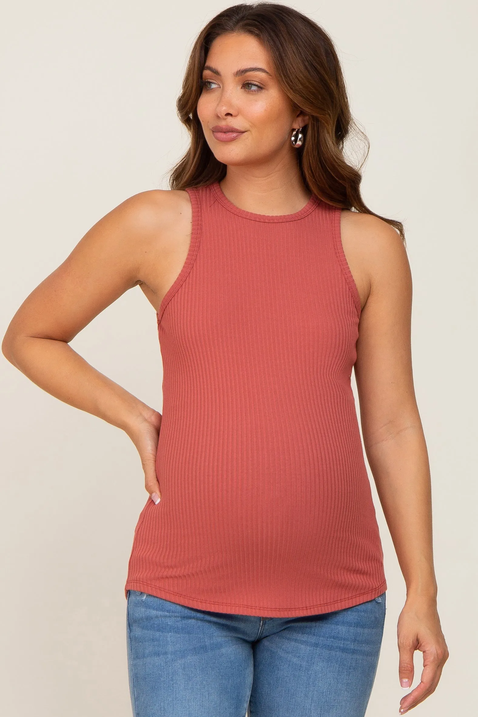 Rust Ribbed Basic Maternity Tank Top sold by Pinkblush