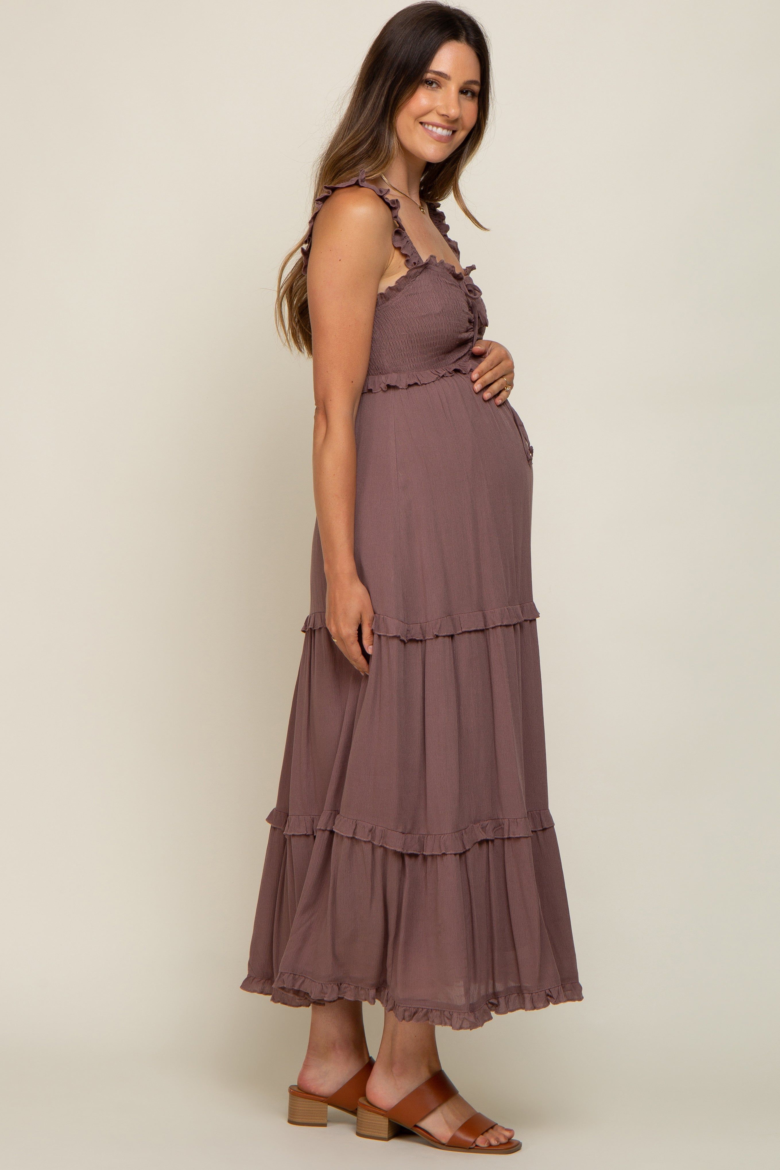 Mocha Ruffle Accent Maternity Midi Dress sold by Pinkblush product image thumbnail 4