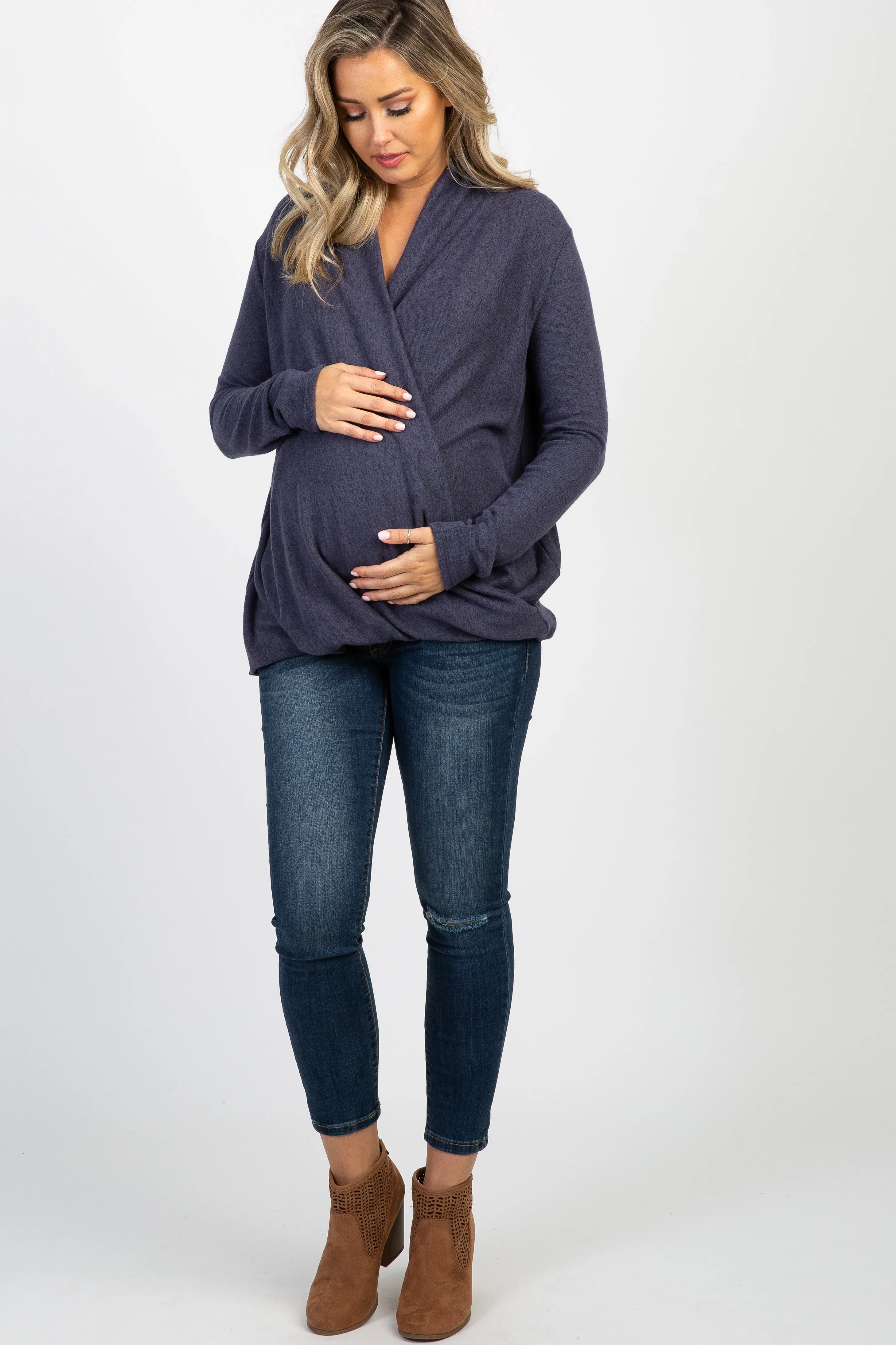 Navy Knit Draped Wrap V-Neck Maternity Nursing Top sold by Pinkblush product image thumbnail 4