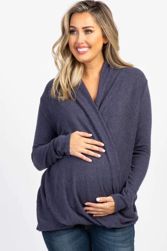 Navy Knit Draped Wrap V-Neck Maternity Nursing Top sold by Pinkblush