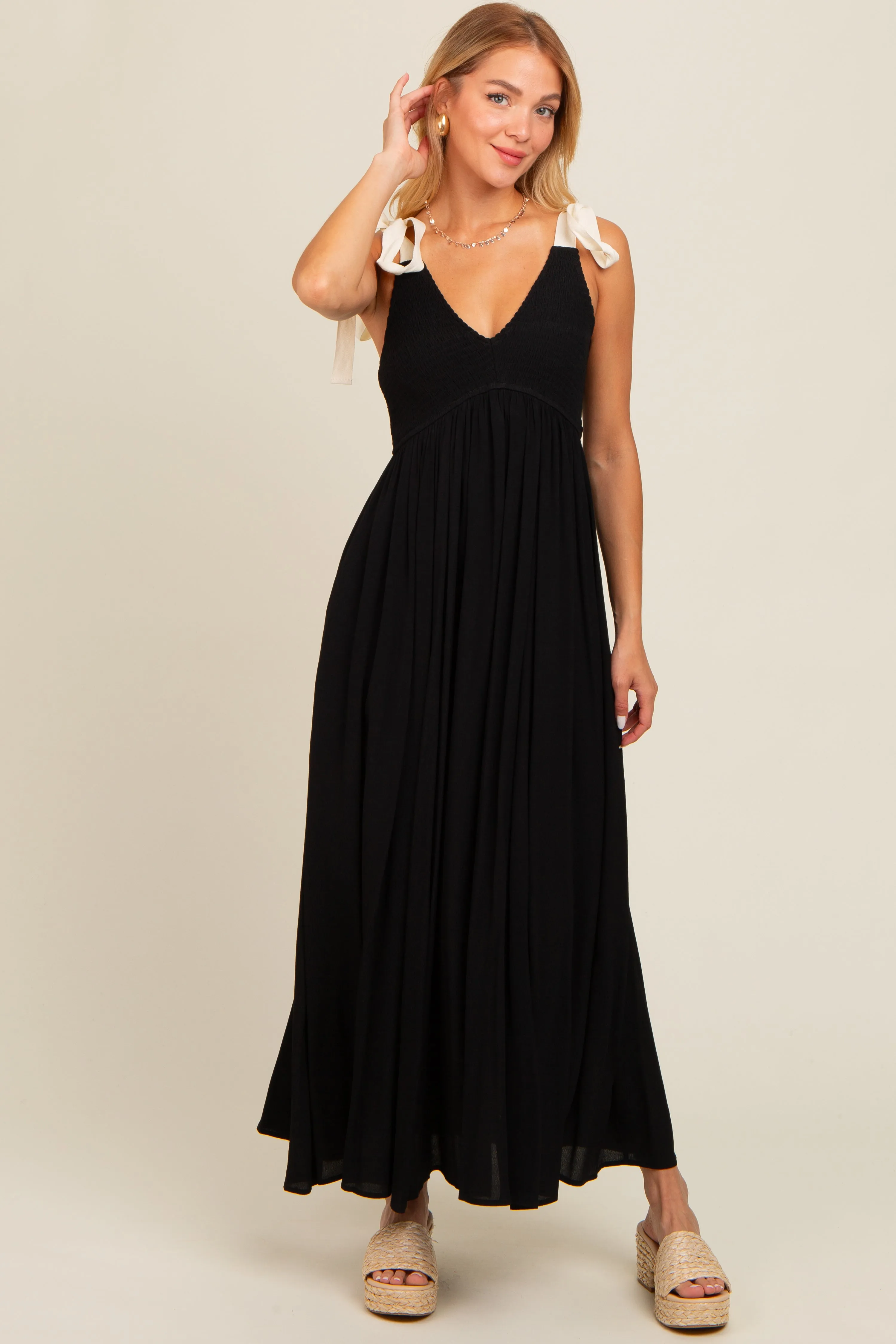 Black Contrast Shoulder Tie Smocked Maxi Dress sold by Pinkblush product image thumbnail 2