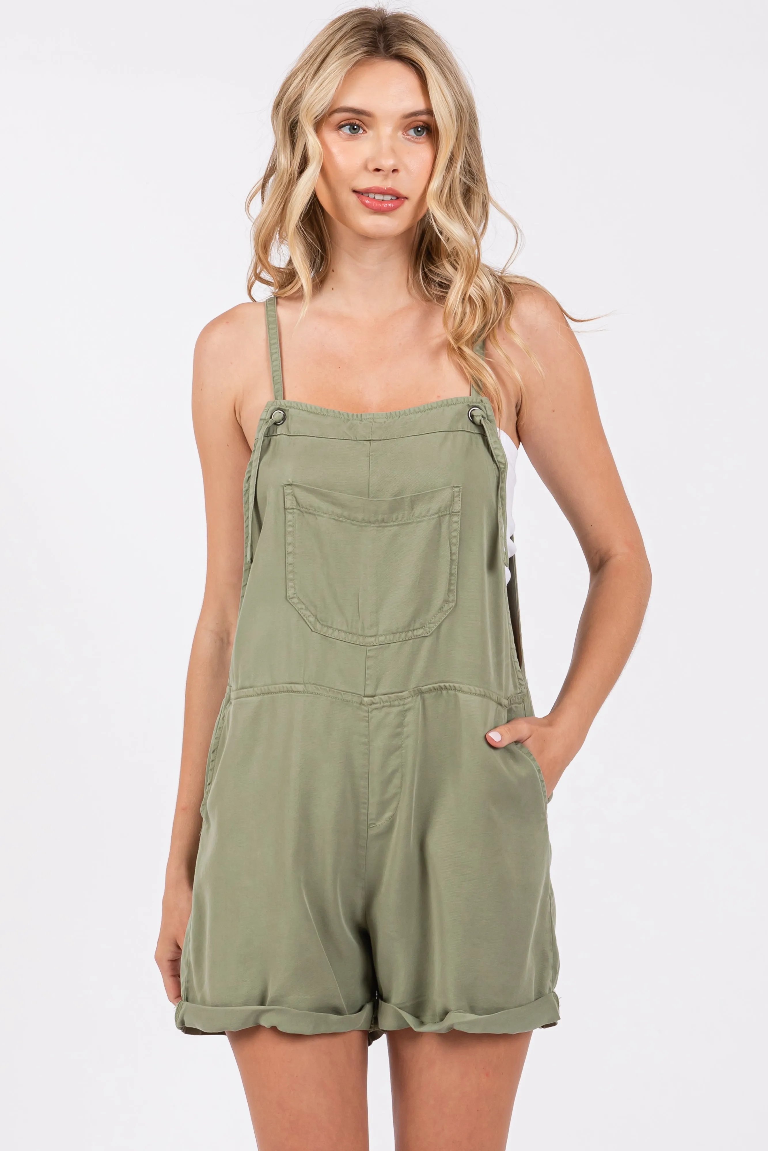 Light Olive Front Pocket Overall Shorts sold by Pinkblush